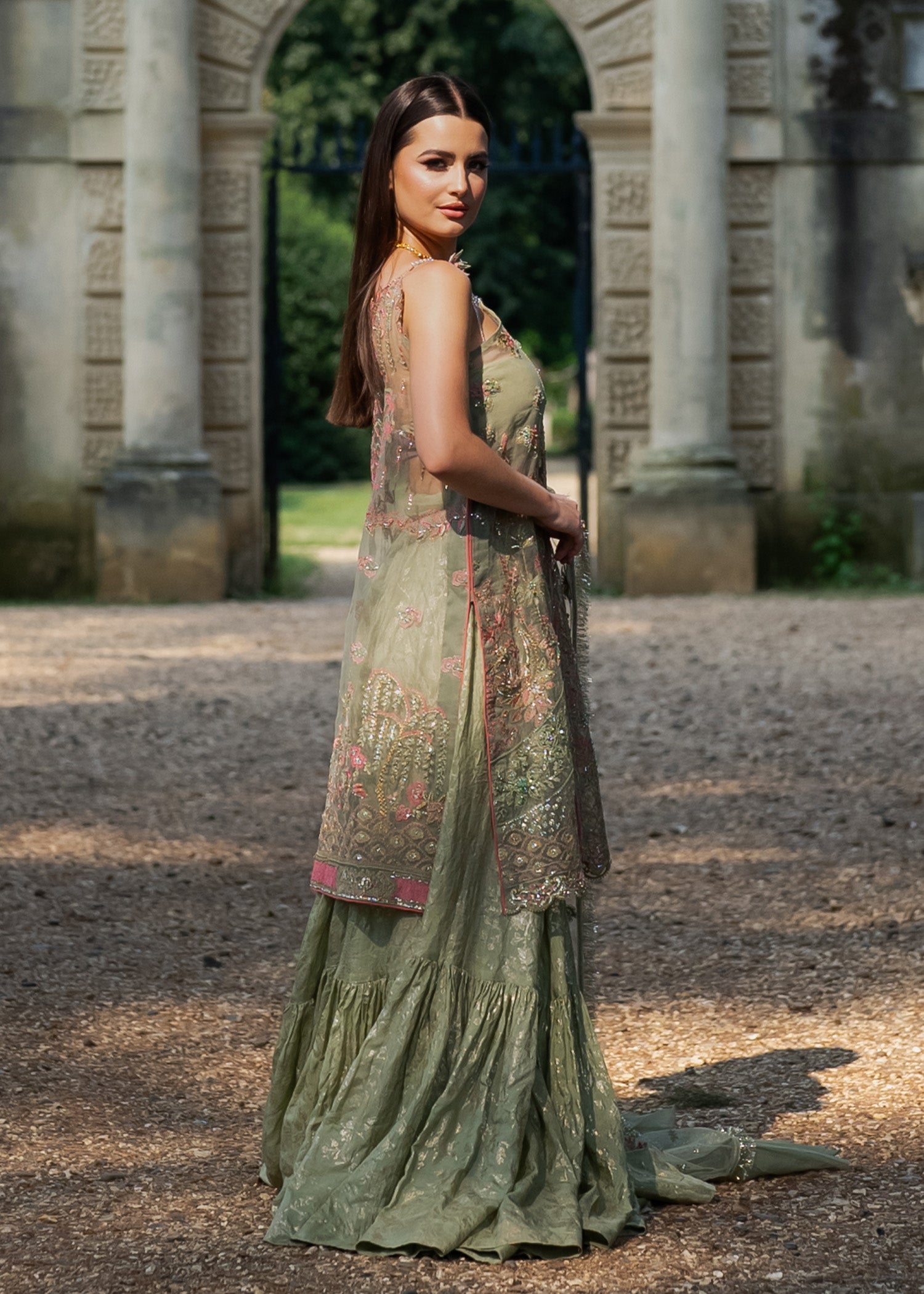 Pakistani Mint Green Embroidered Organza Gharara (3-Piece) - Image 2