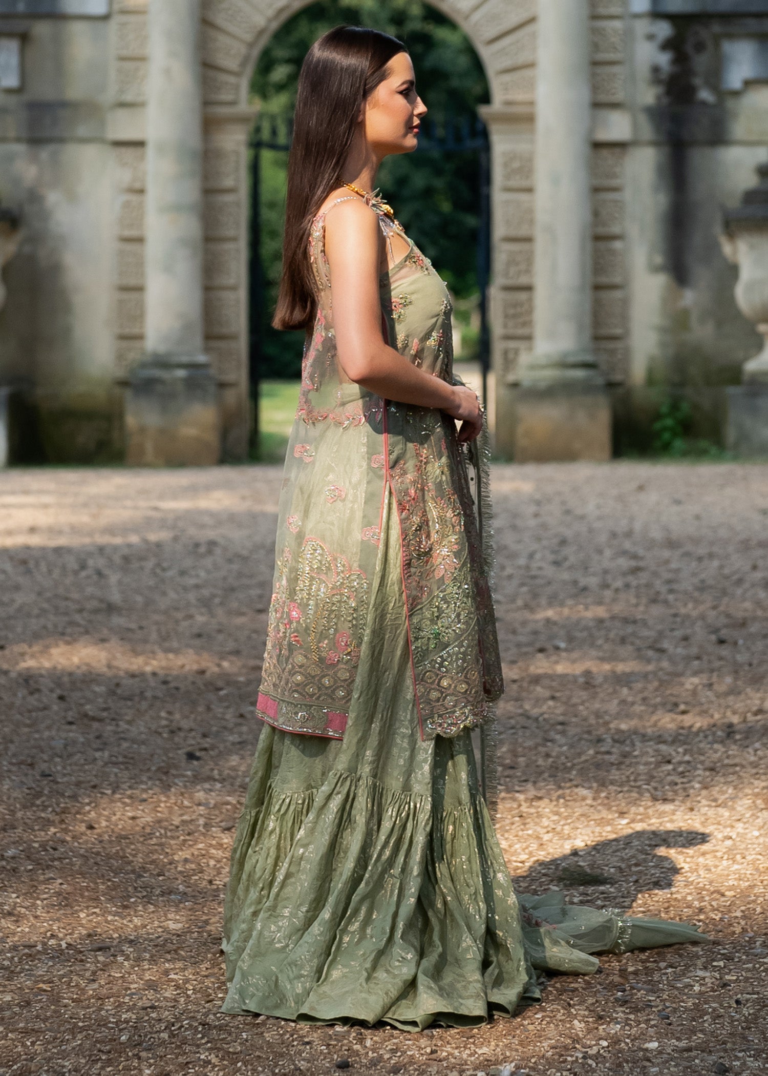 Pakistani Mint Green Embroidered Organza Gharara (3-Piece) - Image 3