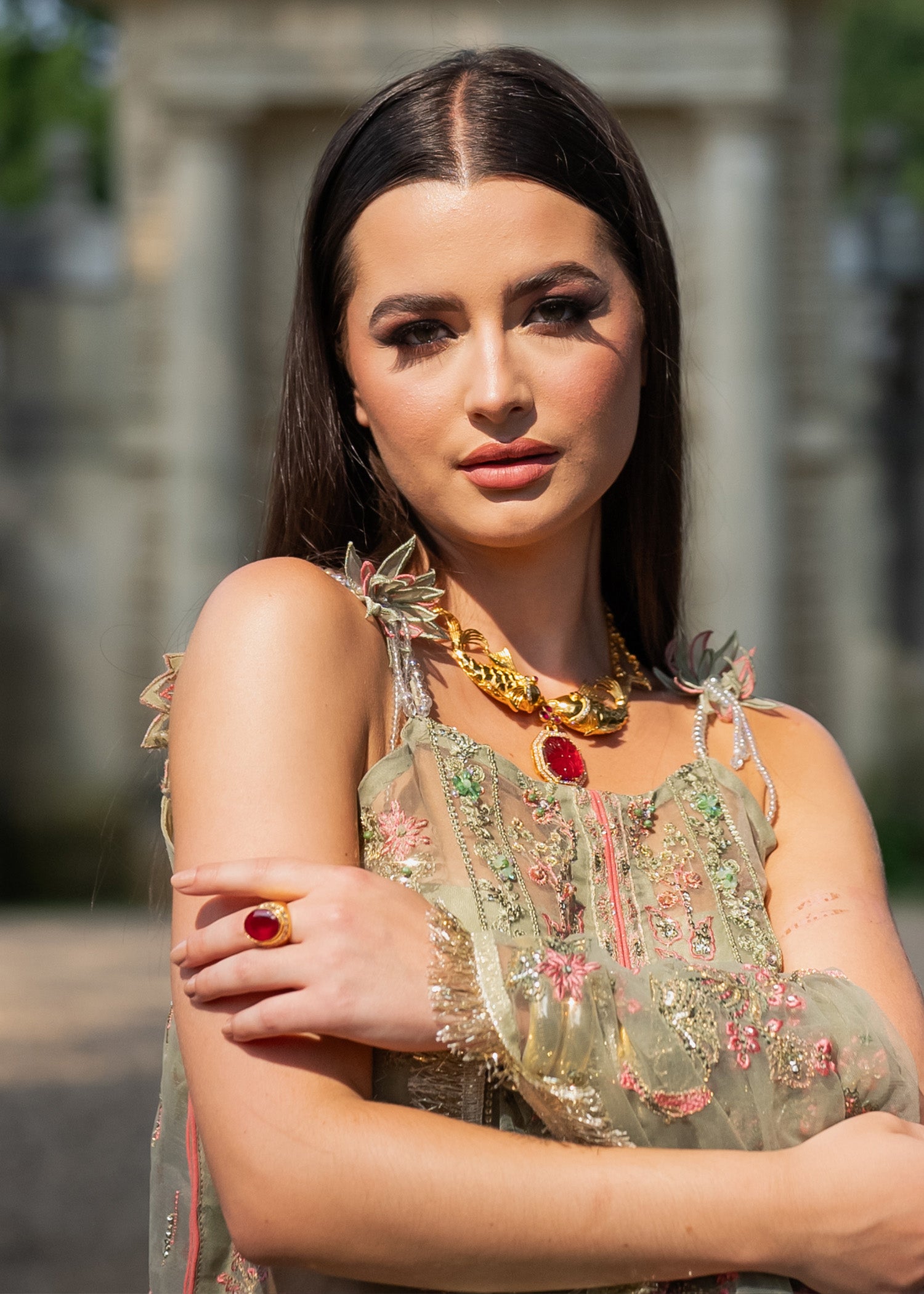 Pakistani Mint Green Embroidered Organza Gharara (3-Piece) - Image 4