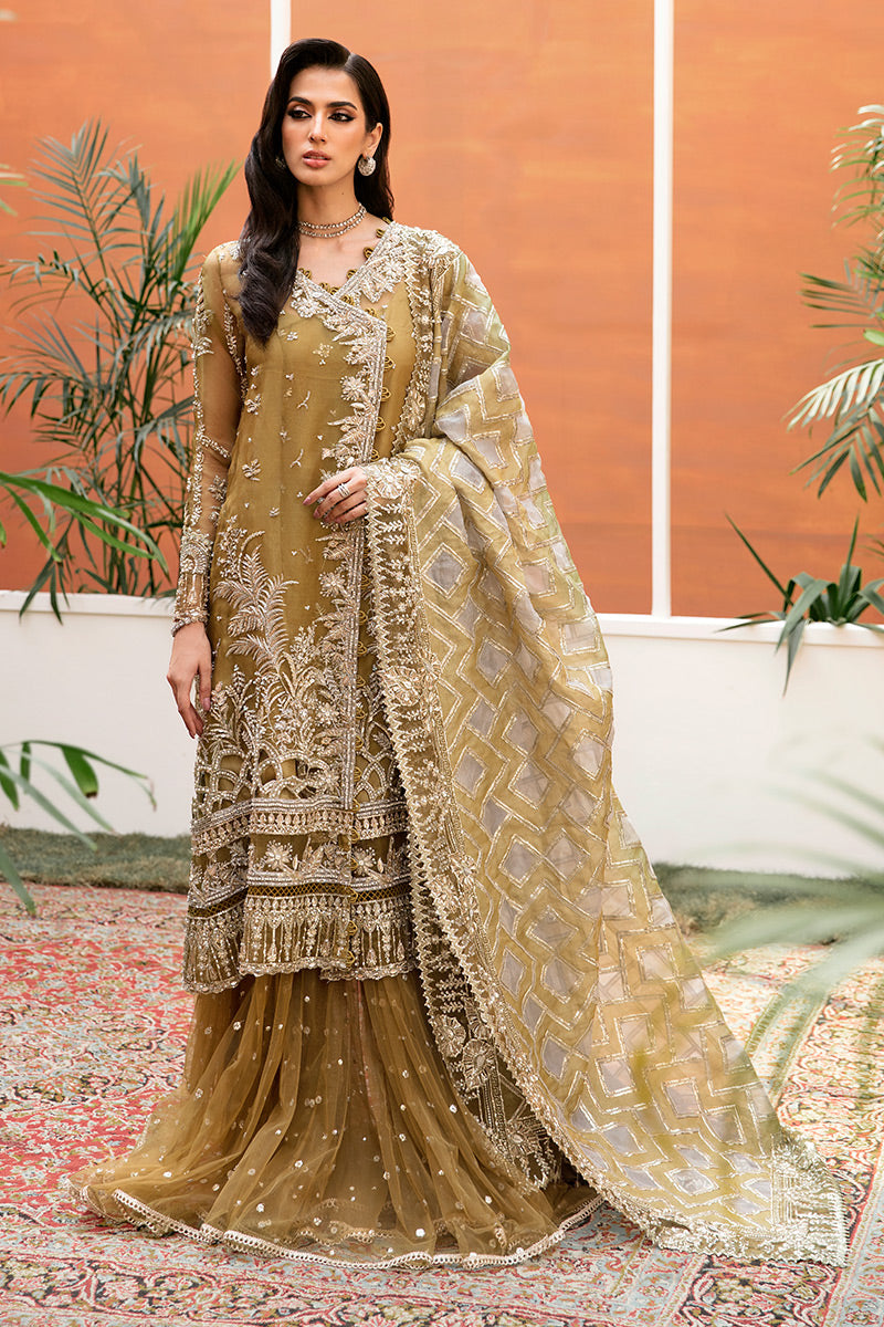 Olive Green Embellished Organza Gharara (3-Piece) - Image 1