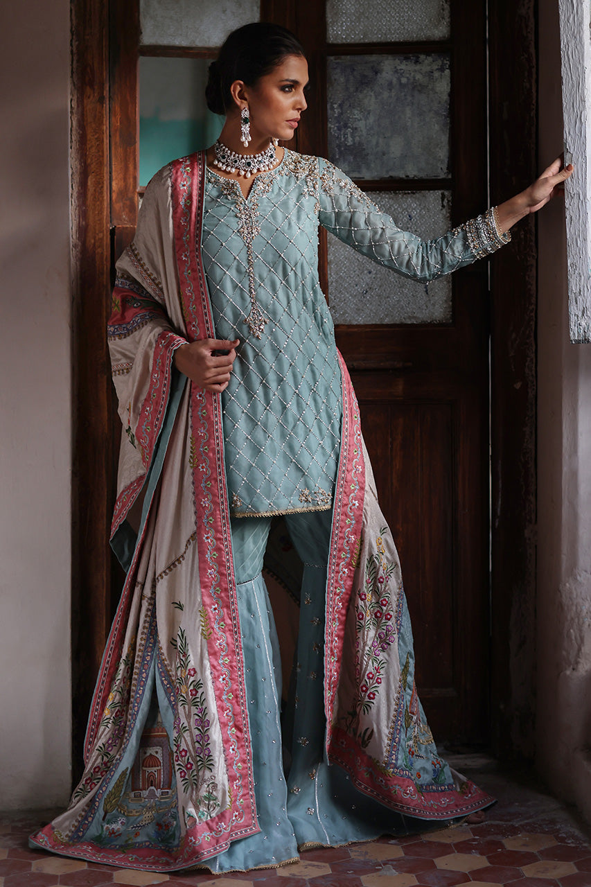 Sage Zardozi Organza Silk Gharara Set (3-Piece) - Image 1