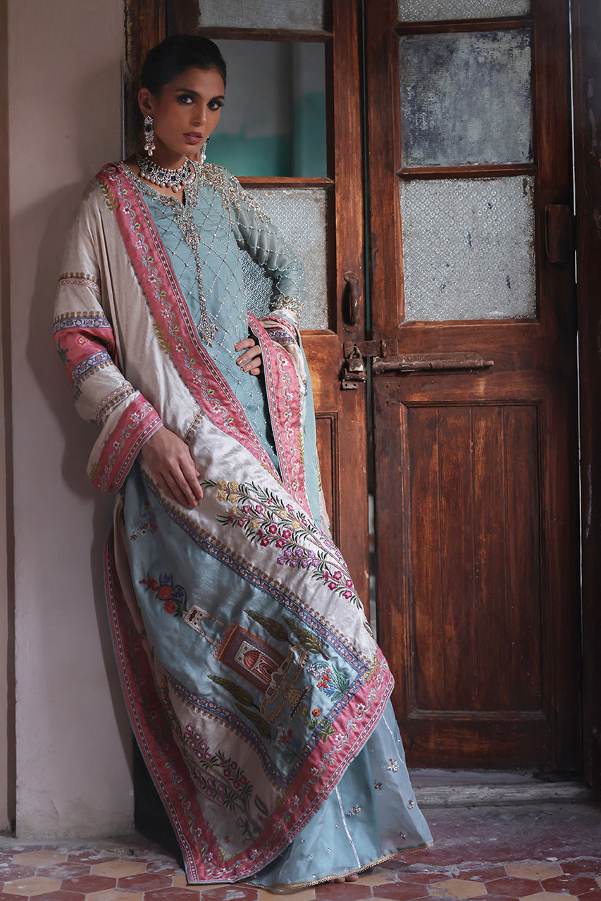 Pakistani Sage Zardozi Organza Silk Gharara Set (3-Piece) - Image 3