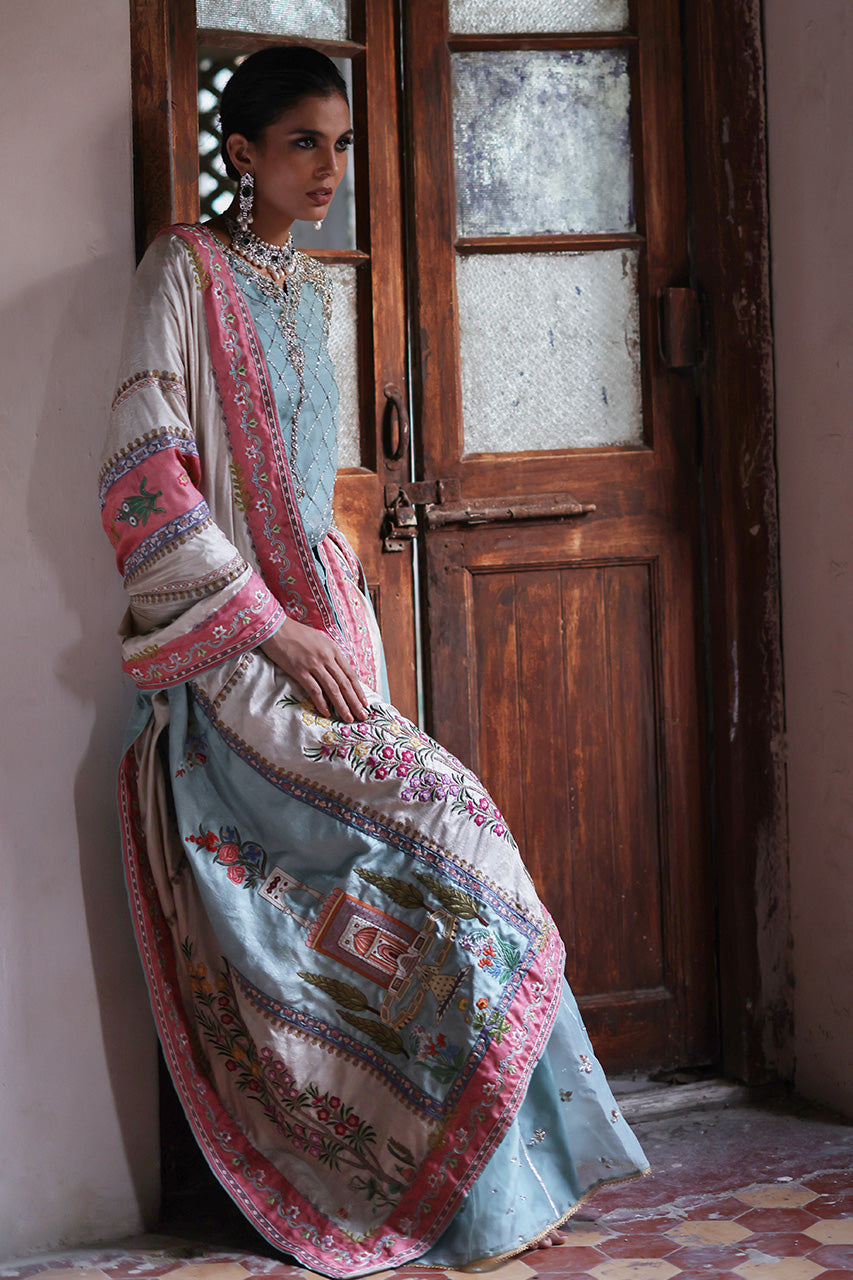 Pakistani Sage Zardozi Organza Silk Gharara Set (3-Piece) - Image 4