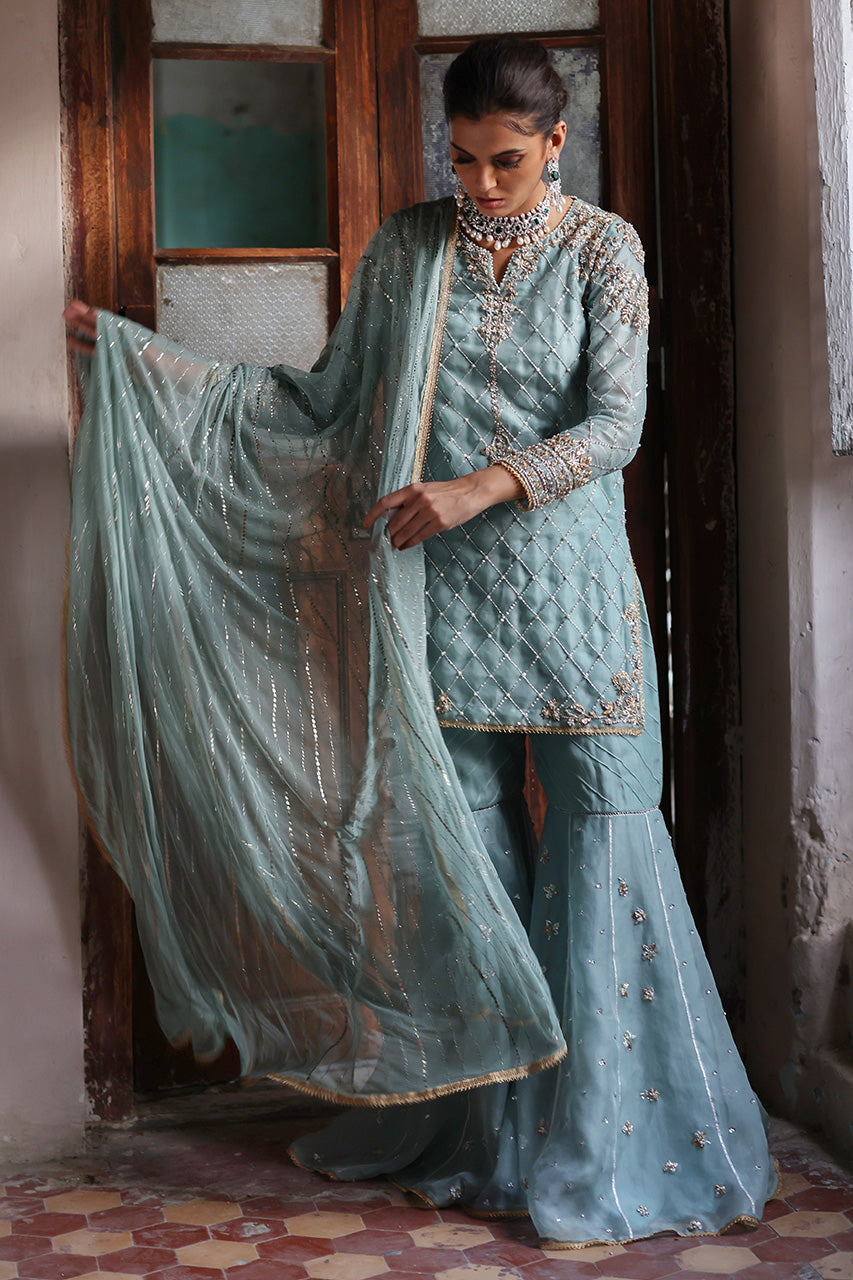 Pakistani Misty Jade Zardozi Organza Silk Gharara (3-Piece) - Image 2
