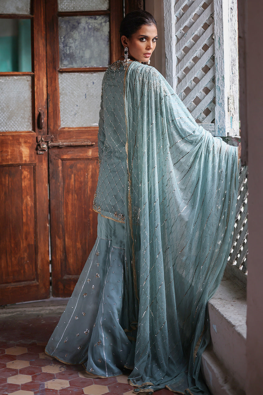 Pakistani Misty Jade Zardozi Organza Silk Gharara (3-Piece) - Image 3
