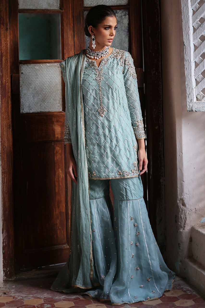 Pakistani Misty Jade Zardozi Organza Silk Gharara (3-Piece) - Image 4