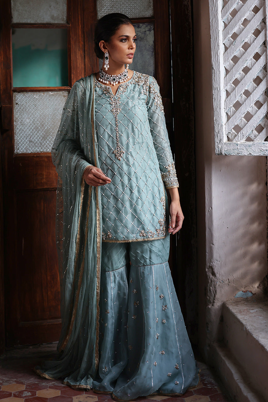 Misty Jade Zardozi Organza Silk Gharara (3-Piece) - Image 1