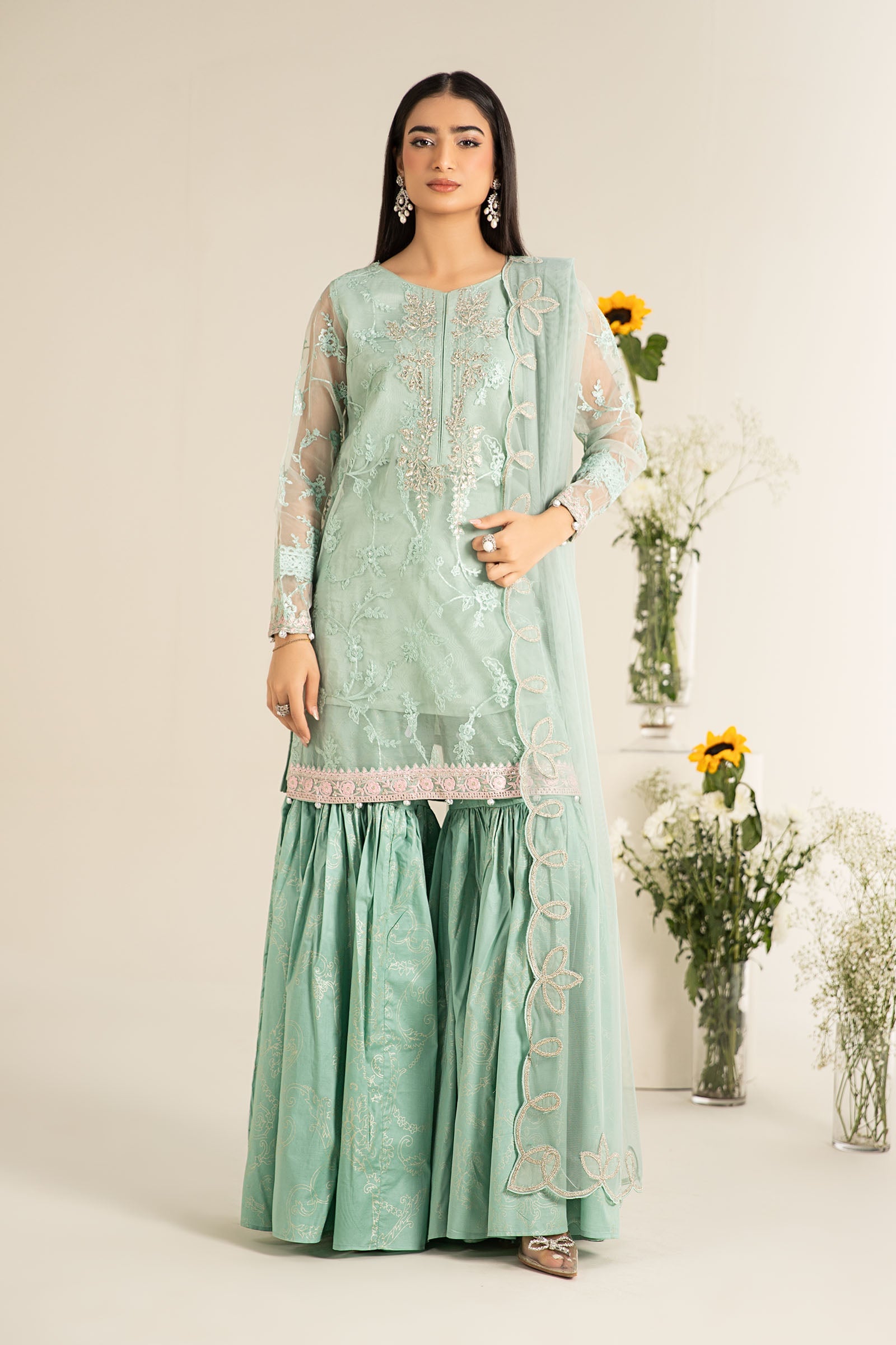 Pakistani Pastel Green Embroidered Organza Gharara Suit (3-Piece) - Image 1