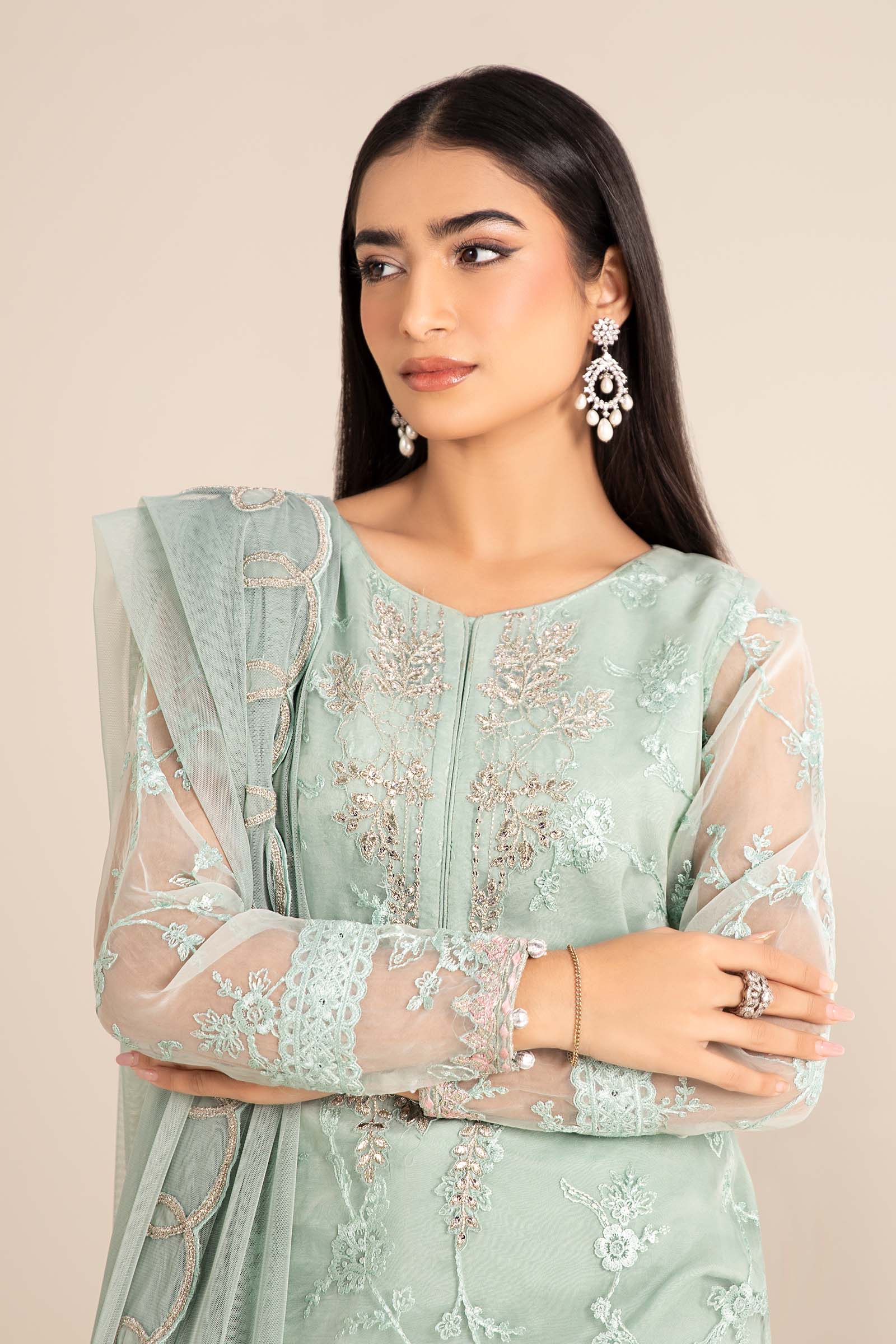 Pakistani Pastel Green Embroidered Organza Gharara Suit (3-Piece) - Image 2