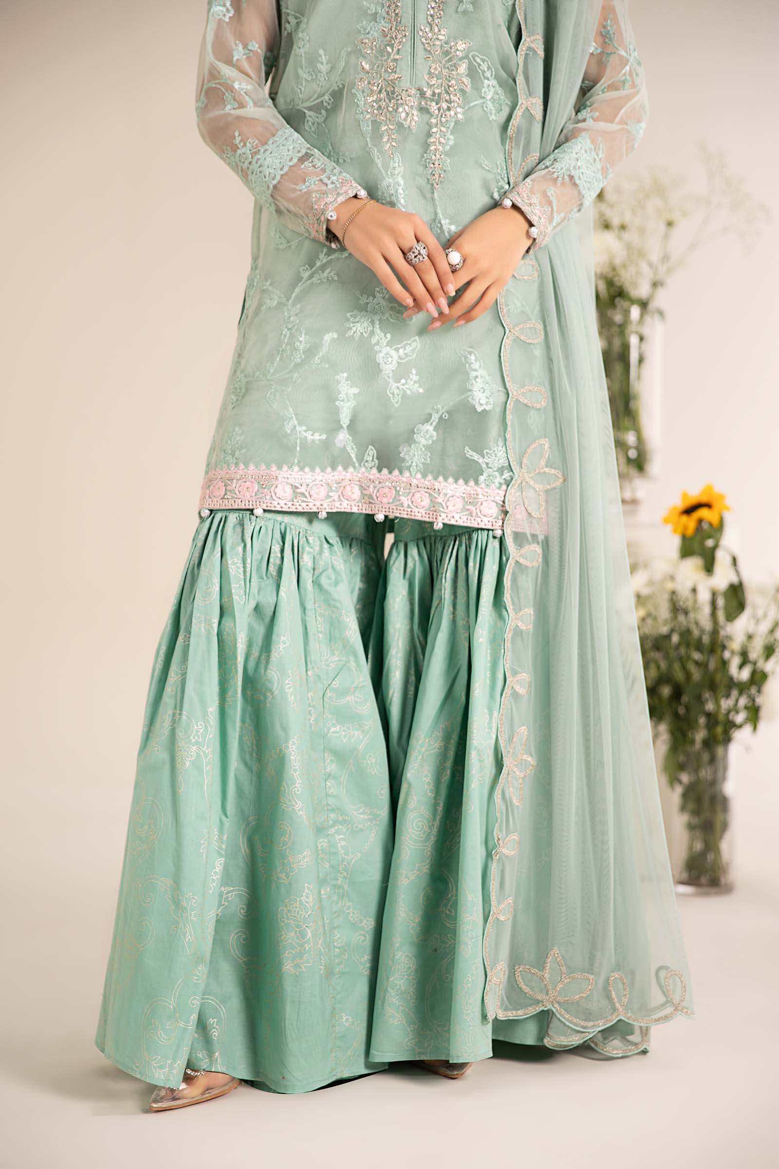 Pakistani Pastel Green Embroidered Organza Gharara Suit (3-Piece) - Image 3