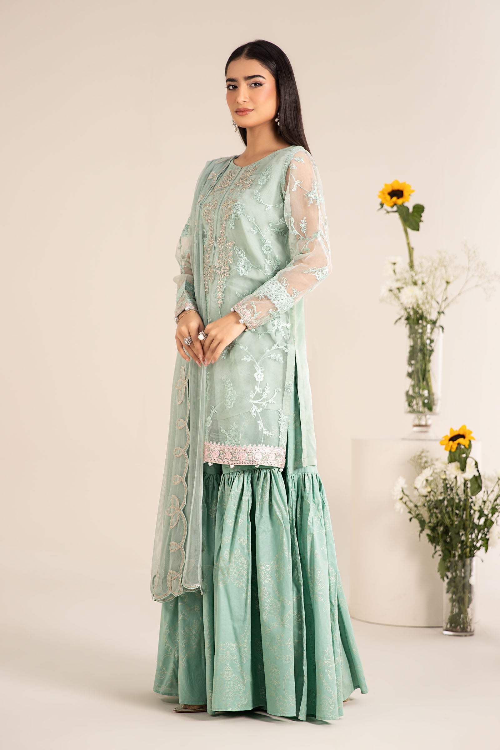 Pakistani Pastel Green Embroidered Organza Gharara Suit (3-Piece) - Image 4