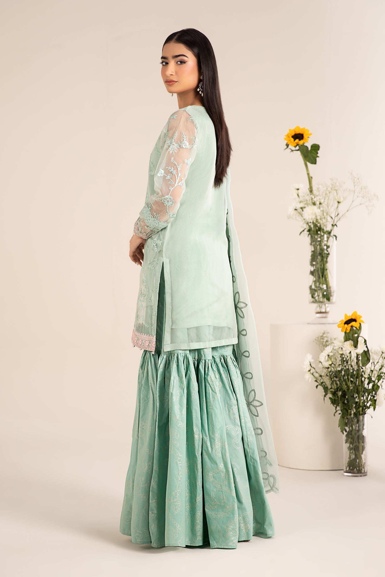 Pakistani Pastel Green Embroidered Organza Gharara Suit (3-Piece) - Image 5