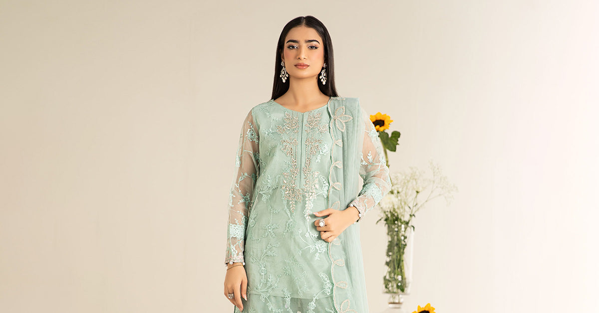 Pakistani Pastel Green Embroidered Organza Gharara Suit (3-Piece) - Image 6