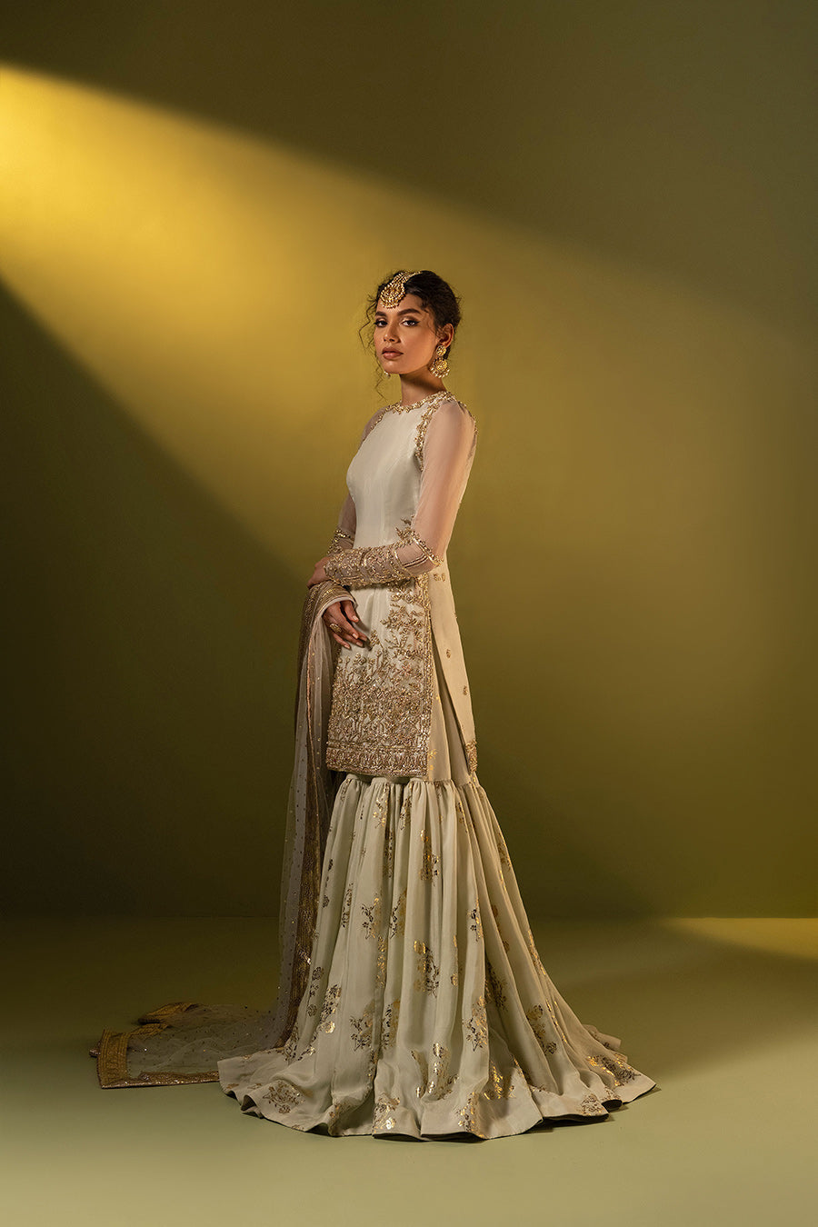 Pakistani Pistachio Zardozi Organza Gharara Set (3-Piece) - Image 3