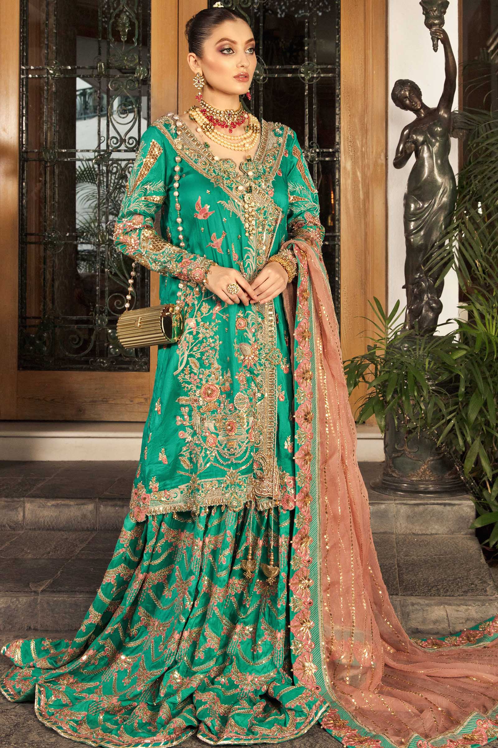 Pakistani Emerald Green Zardozi Silk Angrakha & Gharara (3-Piece) - Image 1