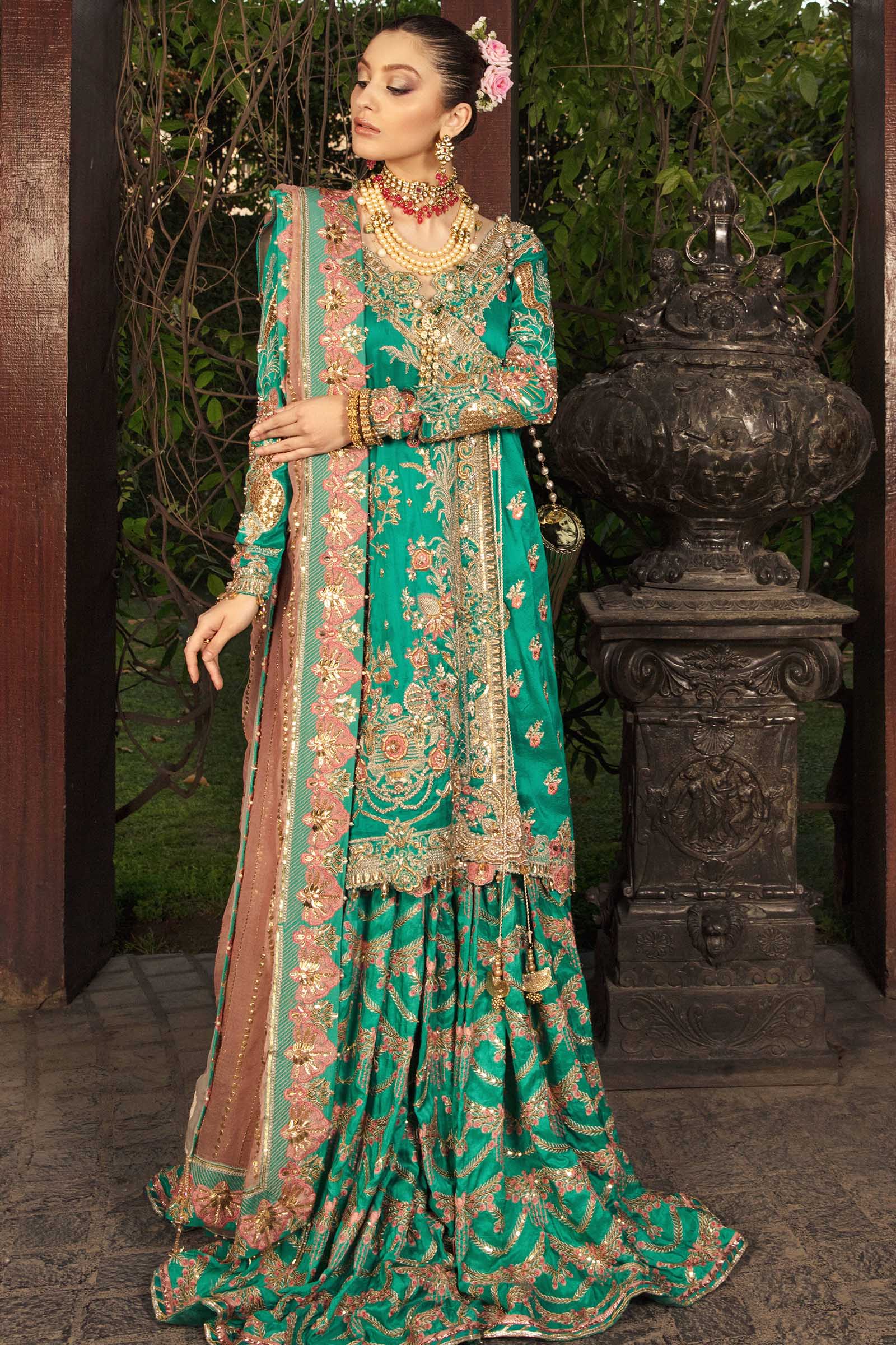 Pakistani Emerald Green Zardozi Silk Angrakha & Gharara (3-Piece) - Image 2