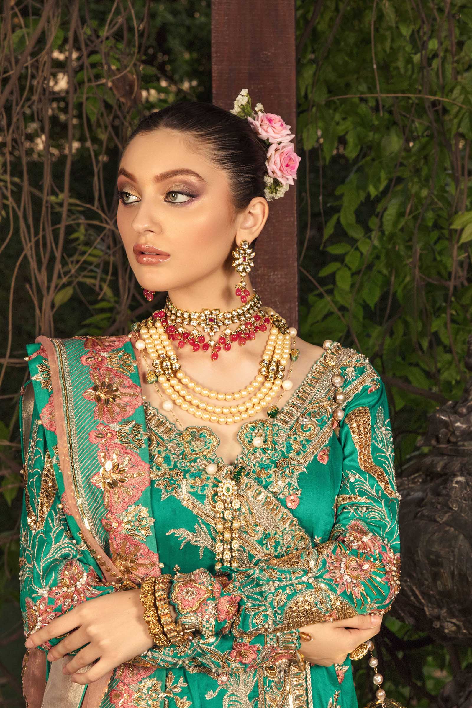 Pakistani Emerald Green Zardozi Silk Angrakha & Gharara (3-Piece) - Image 3