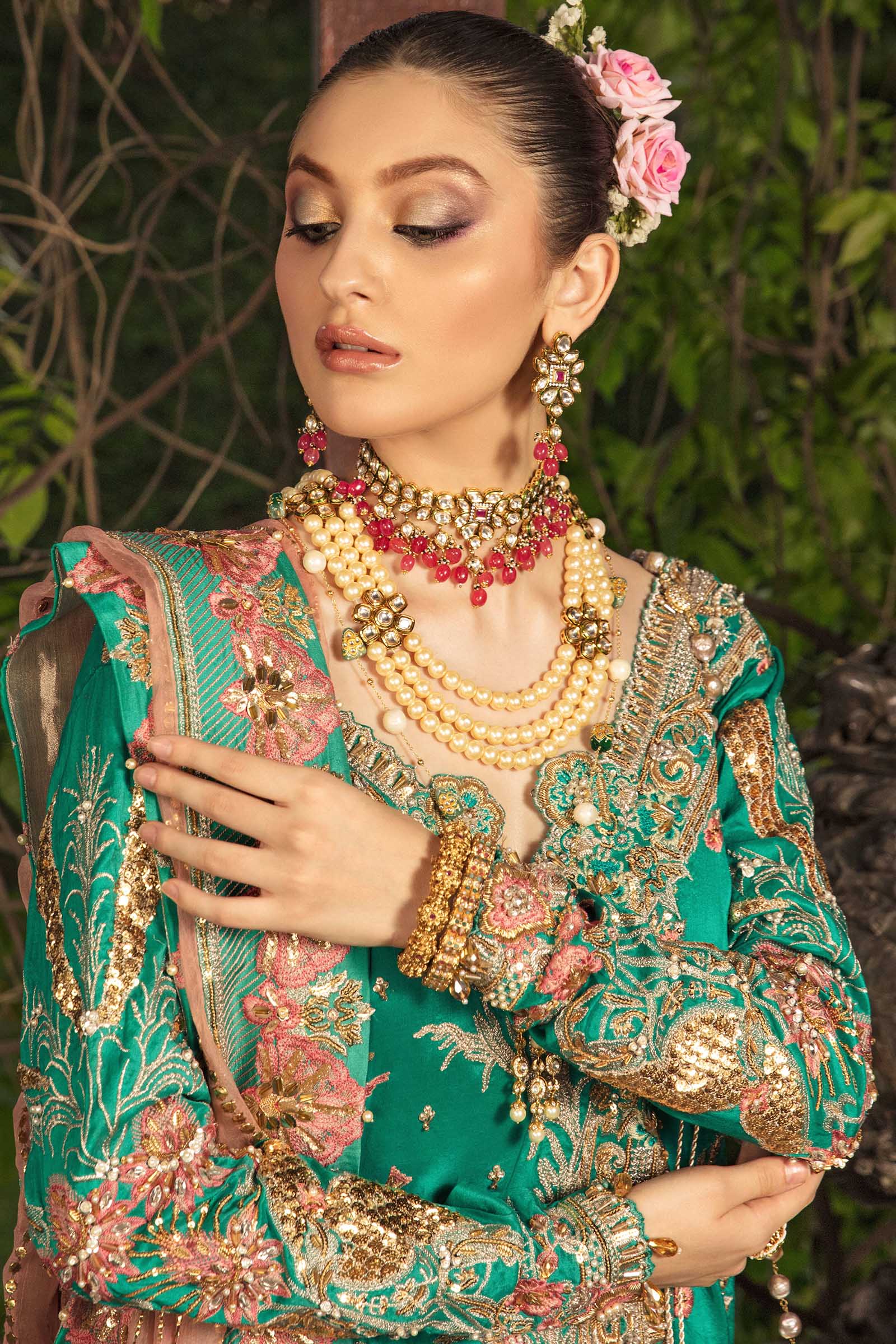 Pakistani Emerald Green Zardozi Silk Angrakha & Gharara (3-Piece) - Image 4