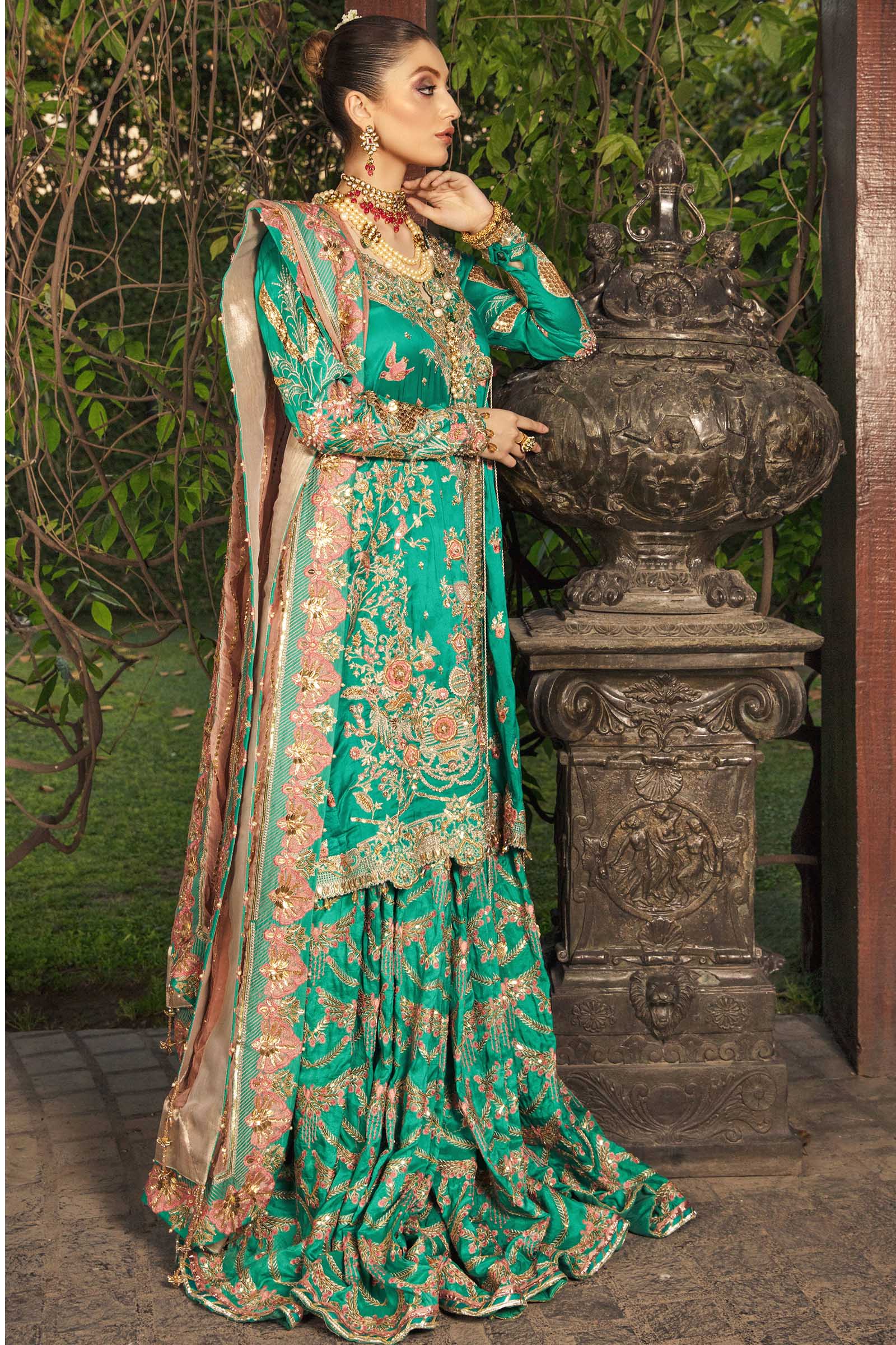 Pakistani Emerald Green Zardozi Silk Angrakha & Gharara (3-Piece) - Image 5