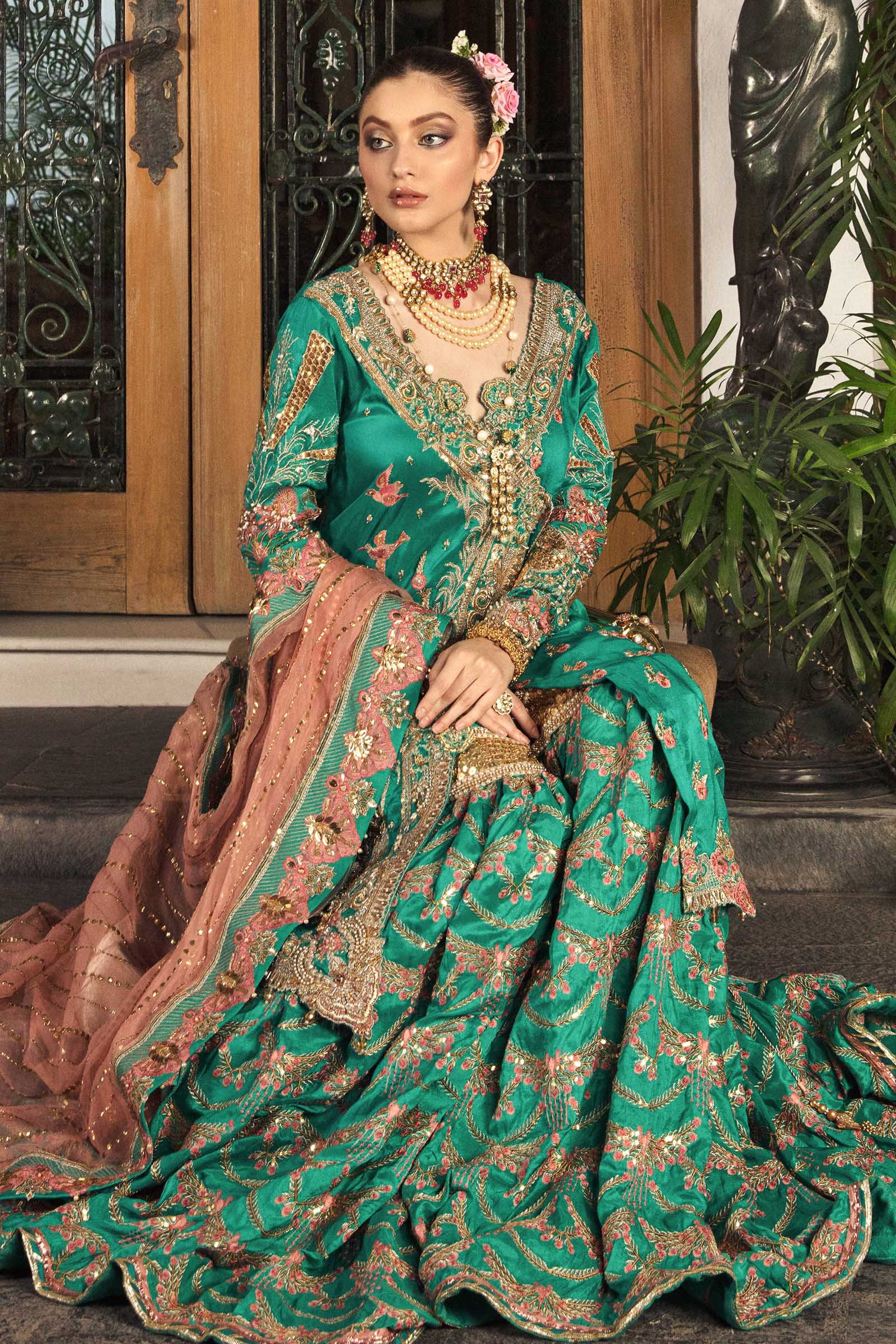 Pakistani Emerald Green Zardozi Silk Angrakha & Gharara (3-Piece) - Image 6