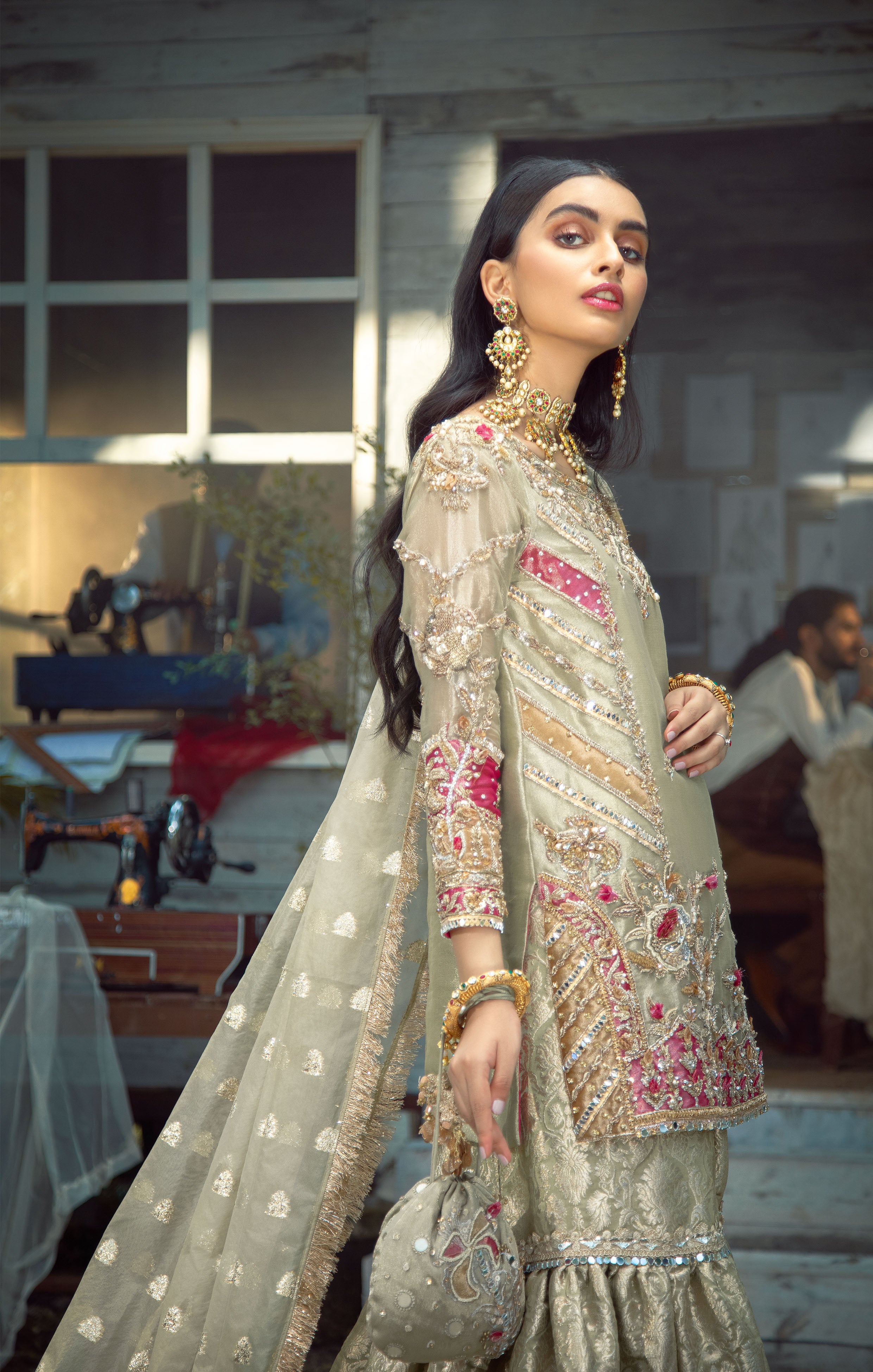 Pakistani Lime Green Gotta Zardozi Tissue Gharara (3-Piece) - Image 2