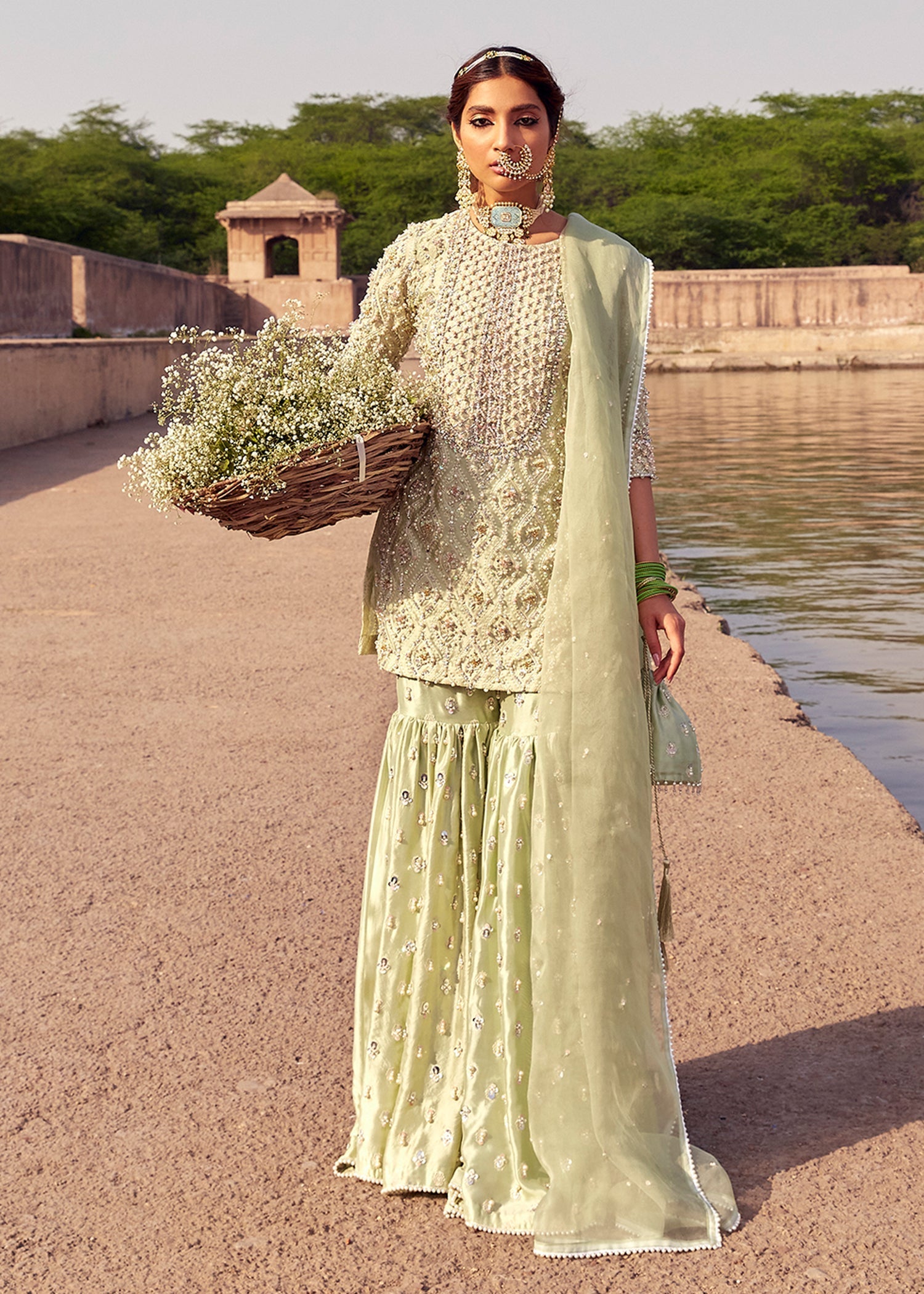 Pistachio Green Hand-Embellished Silk Gharara (4-Piece) - Image 1