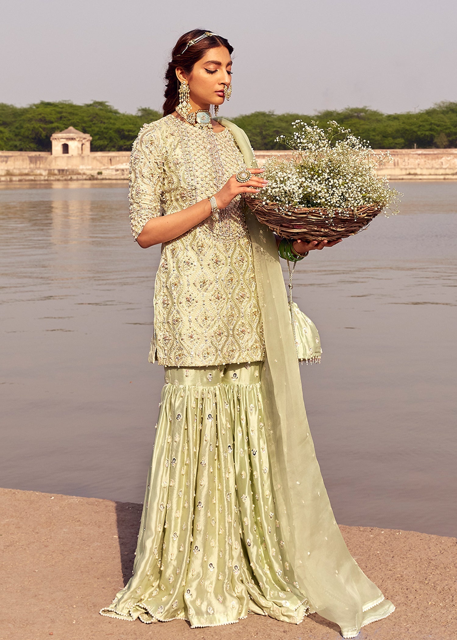 Pistachio Green Hand-Embellished Silk Gharara (4-Piece) - Image 3