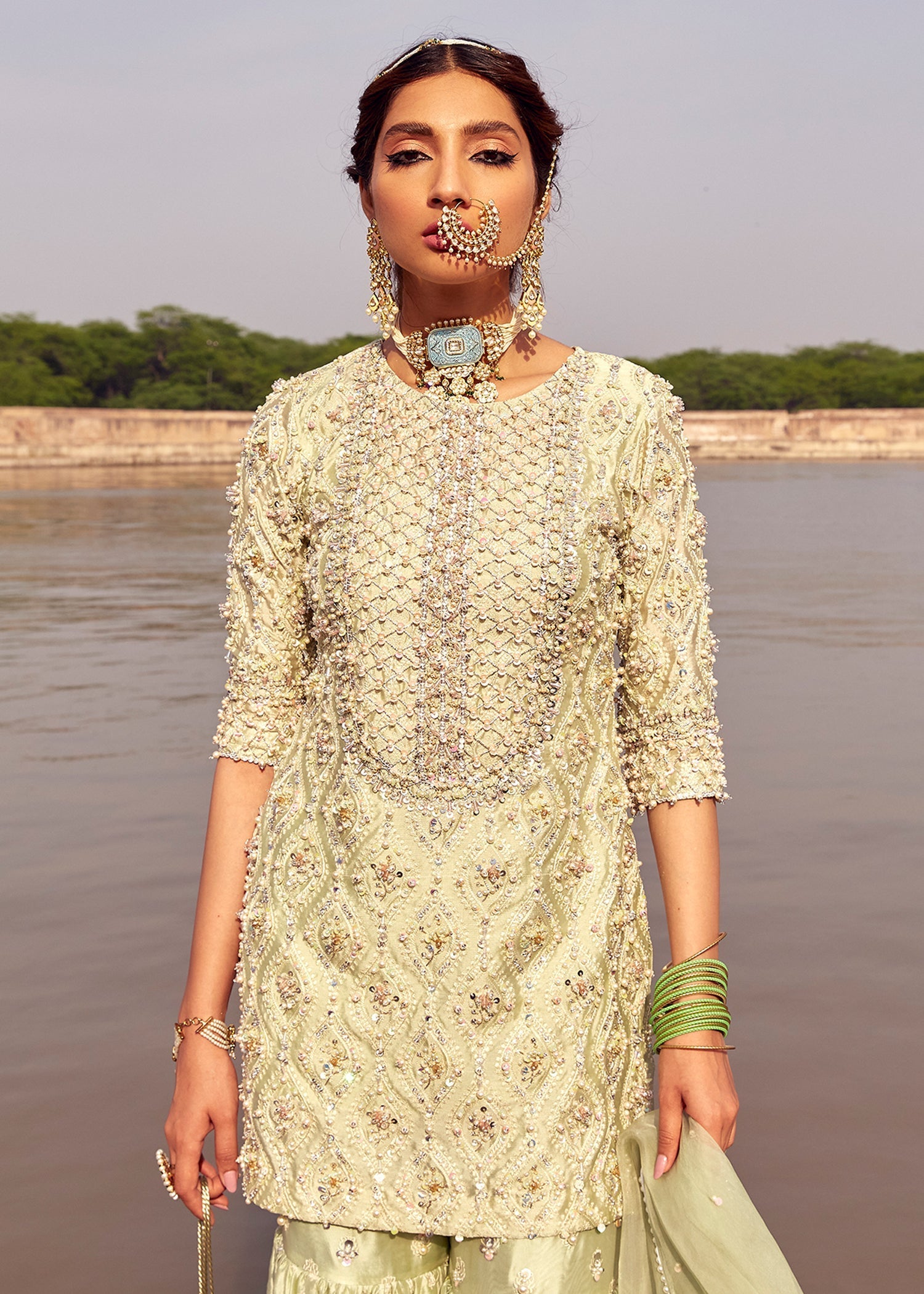 Pistachio Green Hand-Embellished Silk Gharara (4-Piece) - Image 4