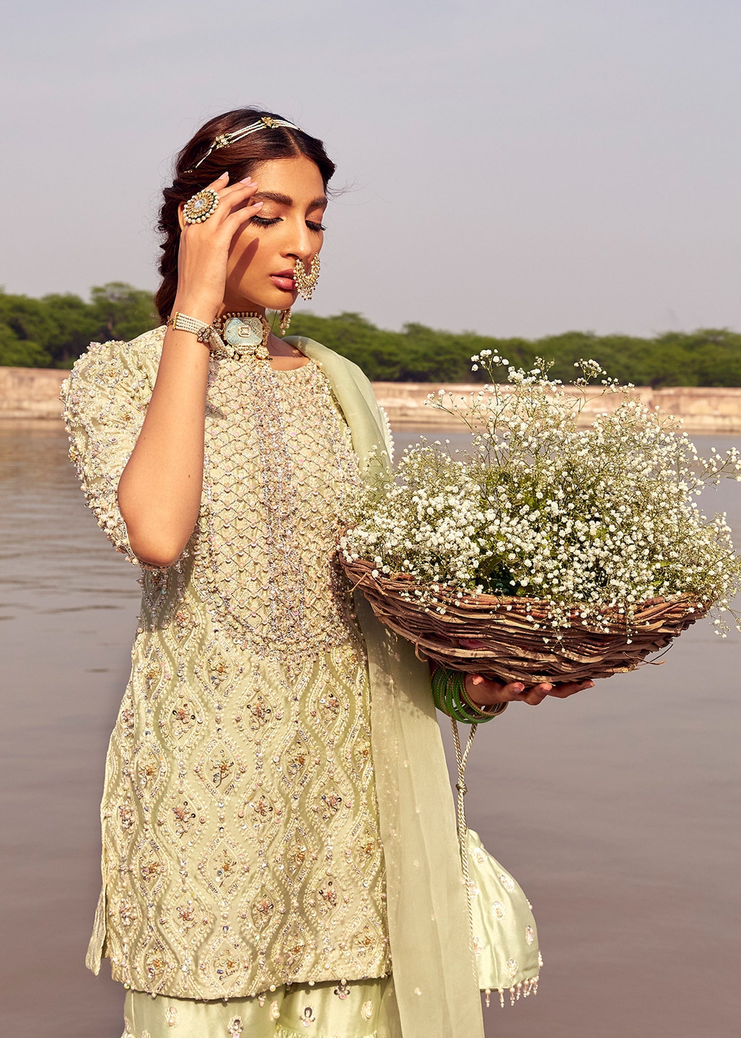 Pistachio Green Hand-Embellished Silk Gharara (4-Piece) - Image 6