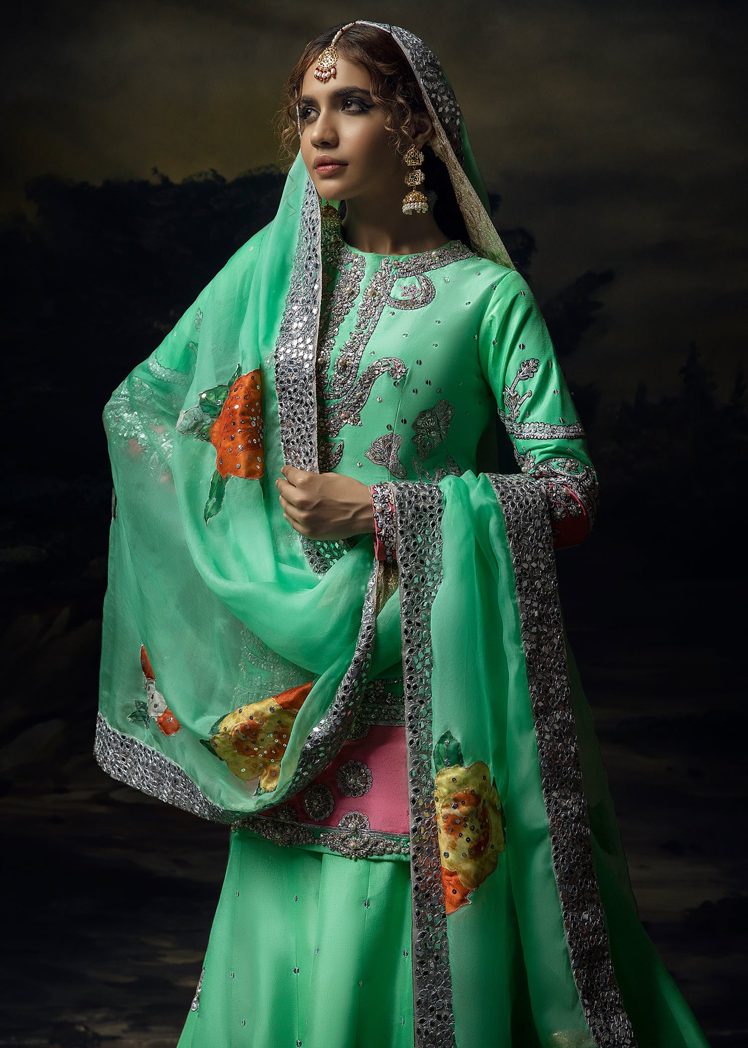 Sea Green & Pink Embellished Raw Silk Gharara (3-Piece) - Image 3