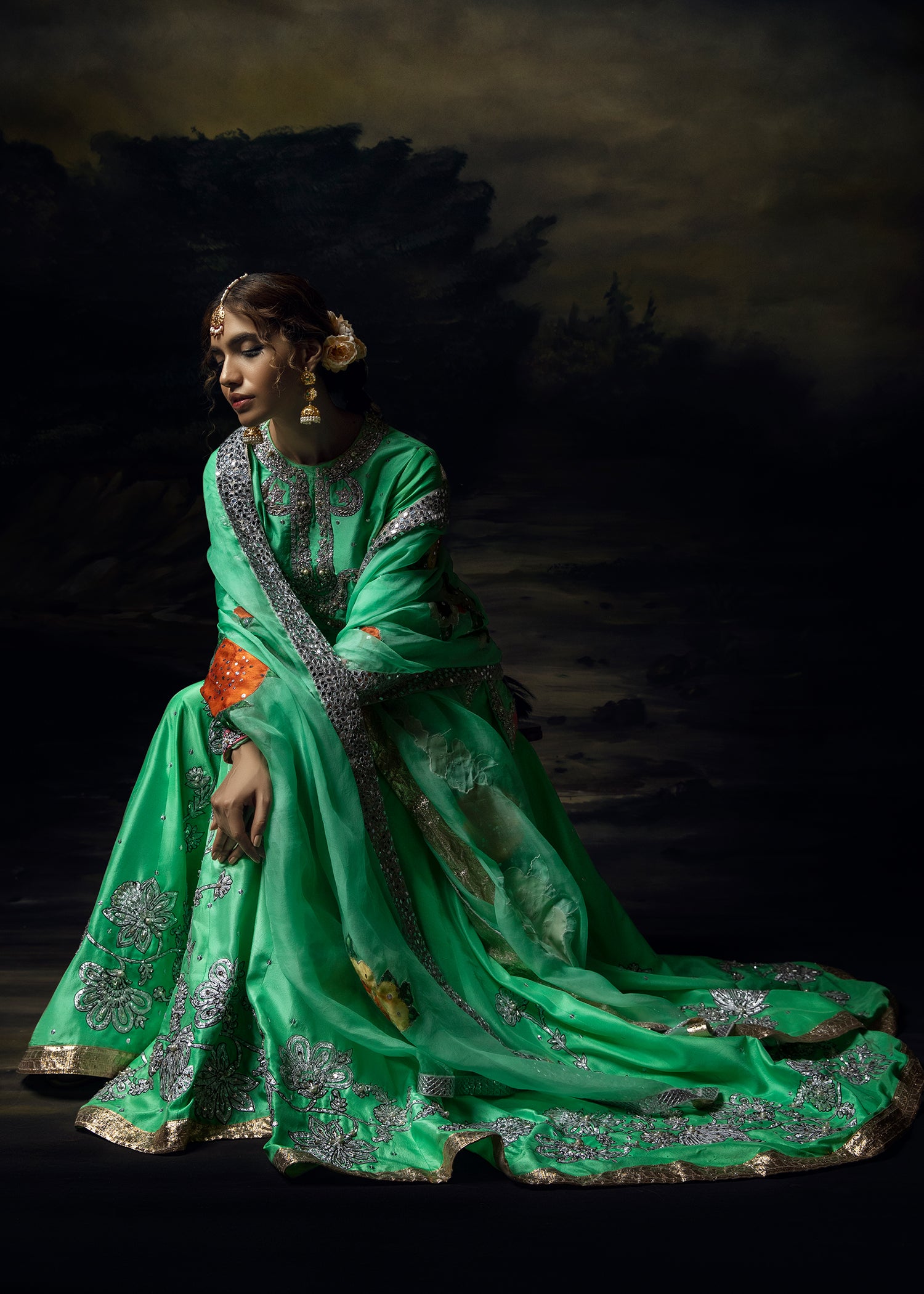 Sea Green & Pink Embellished Raw Silk Gharara (3-Piece) - Image 6