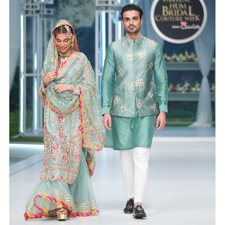Duck Egg Green Gota Resham Silk Bridal Gharara (3-Piece) - Image 1