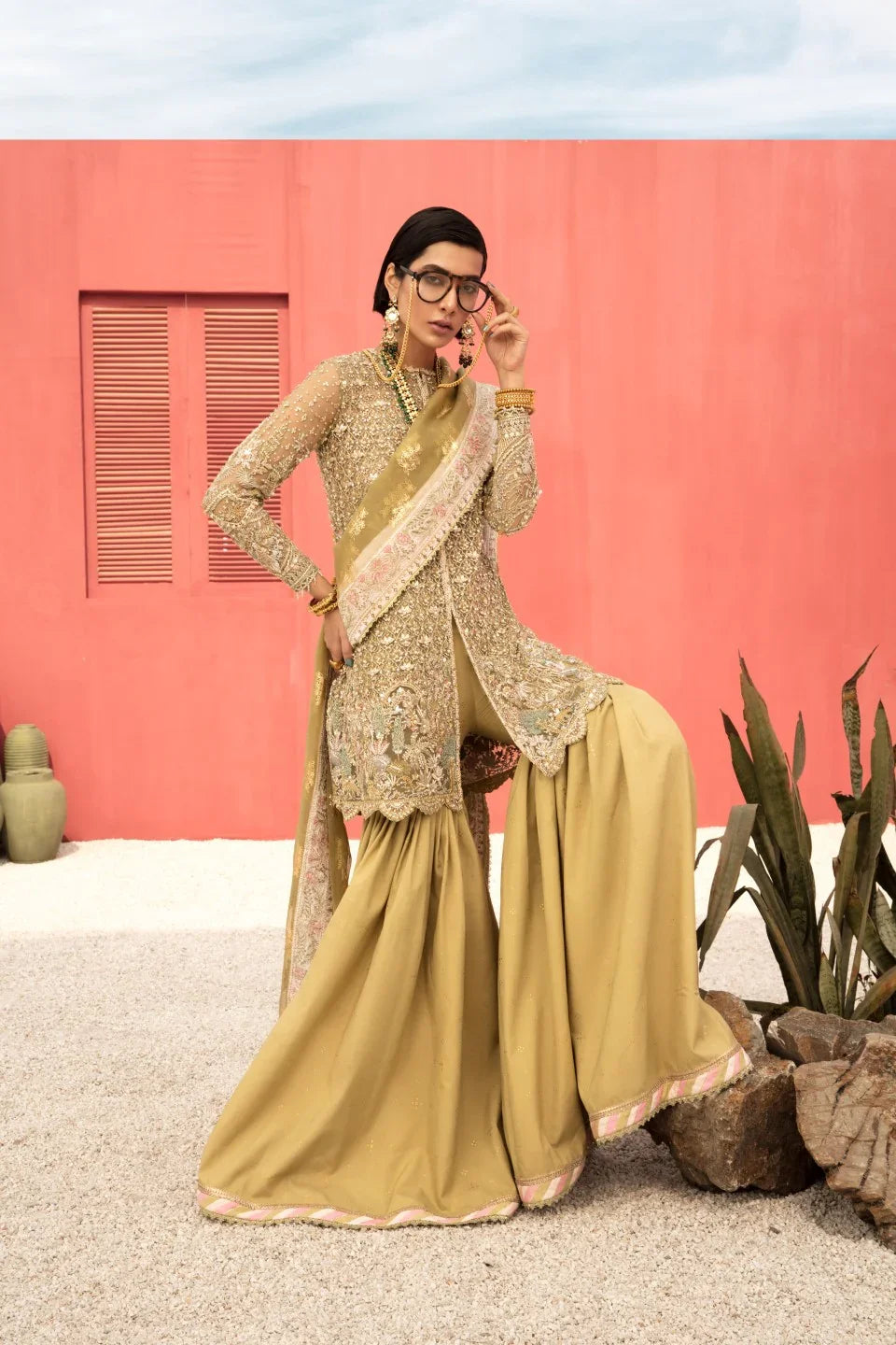 Pakistani Chartreuse Green Gota-Zarri Raw Silk Gharara (3-Piece) - Image 1