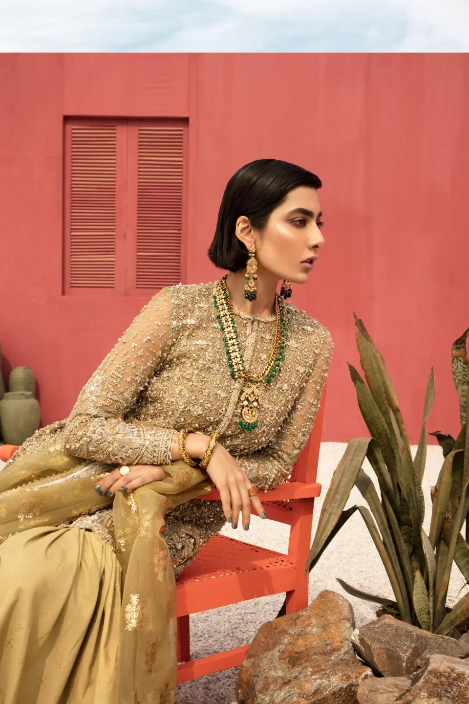 Pakistani Chartreuse Green Gota-Zarri Raw Silk Gharara (3-Piece) - Image 2