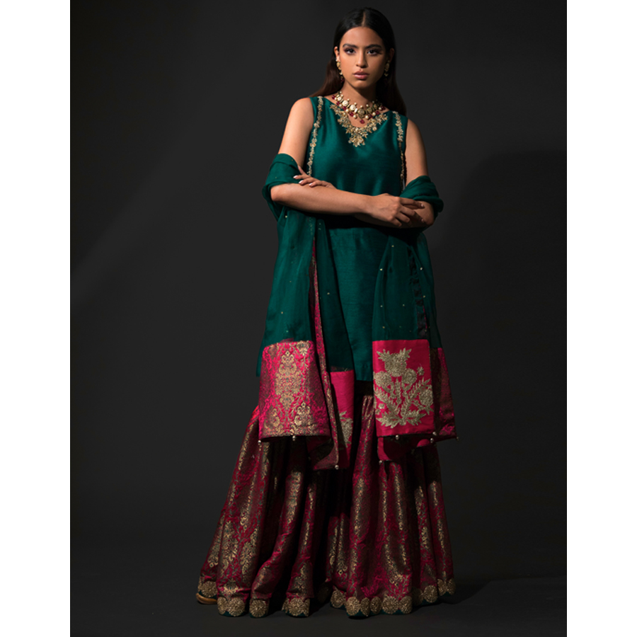 Emerald Kaamdani Raw Silk Kameez with Brocade Gharara (3-Piece) - Image 2