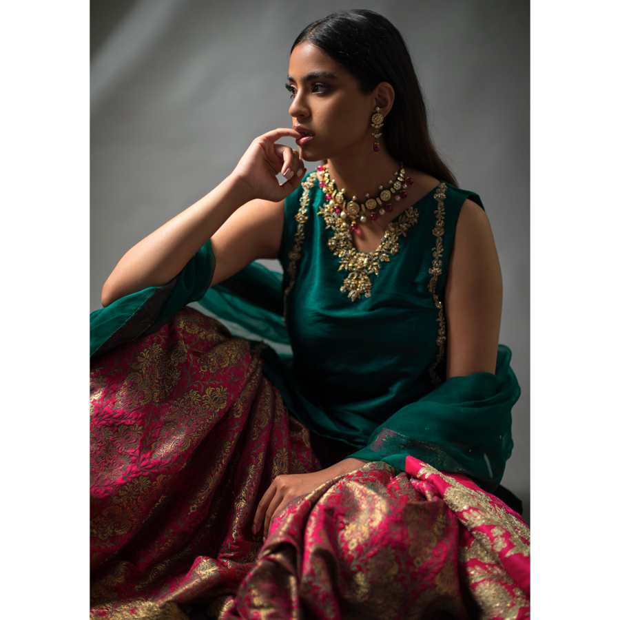 Emerald Kaamdani Raw Silk Kameez with Brocade Gharara (3-Piece) - Image 3