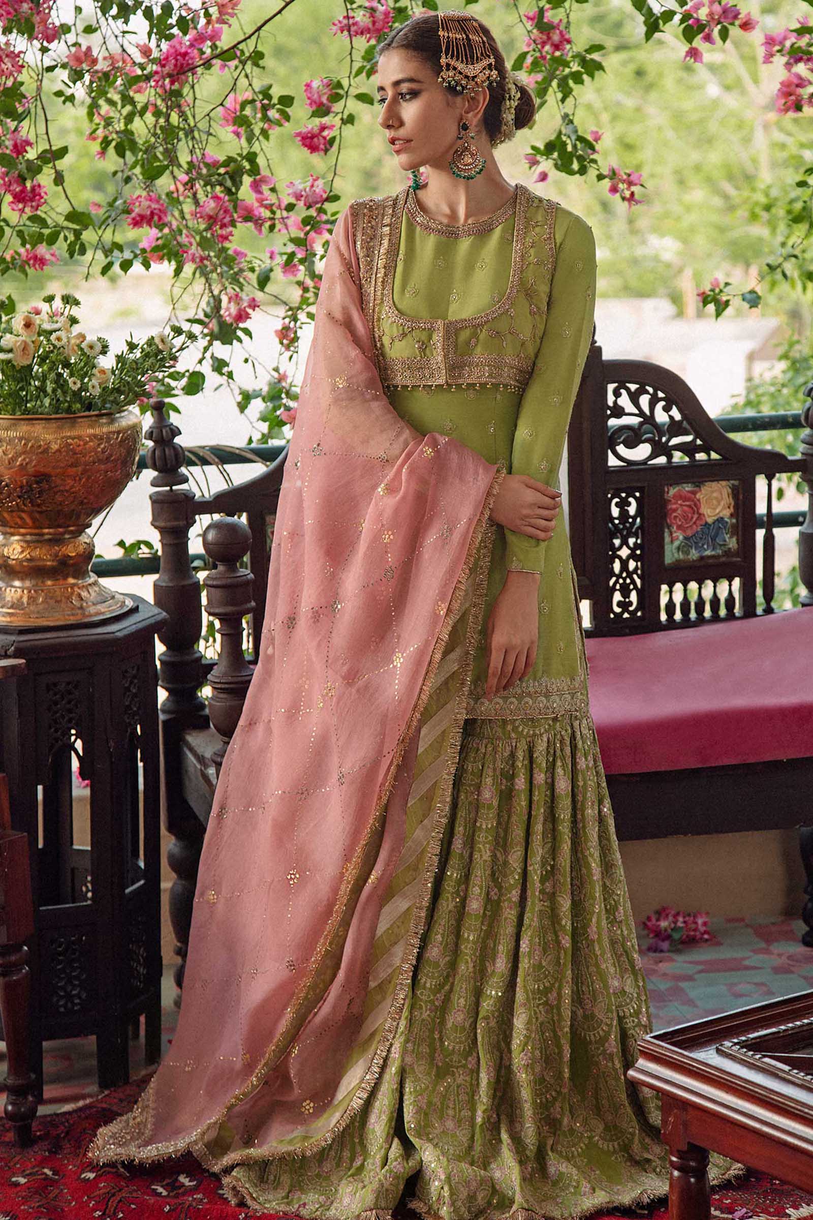 Green Embroidered Raw Silk Gharara Set (3-Piece) - Image 1