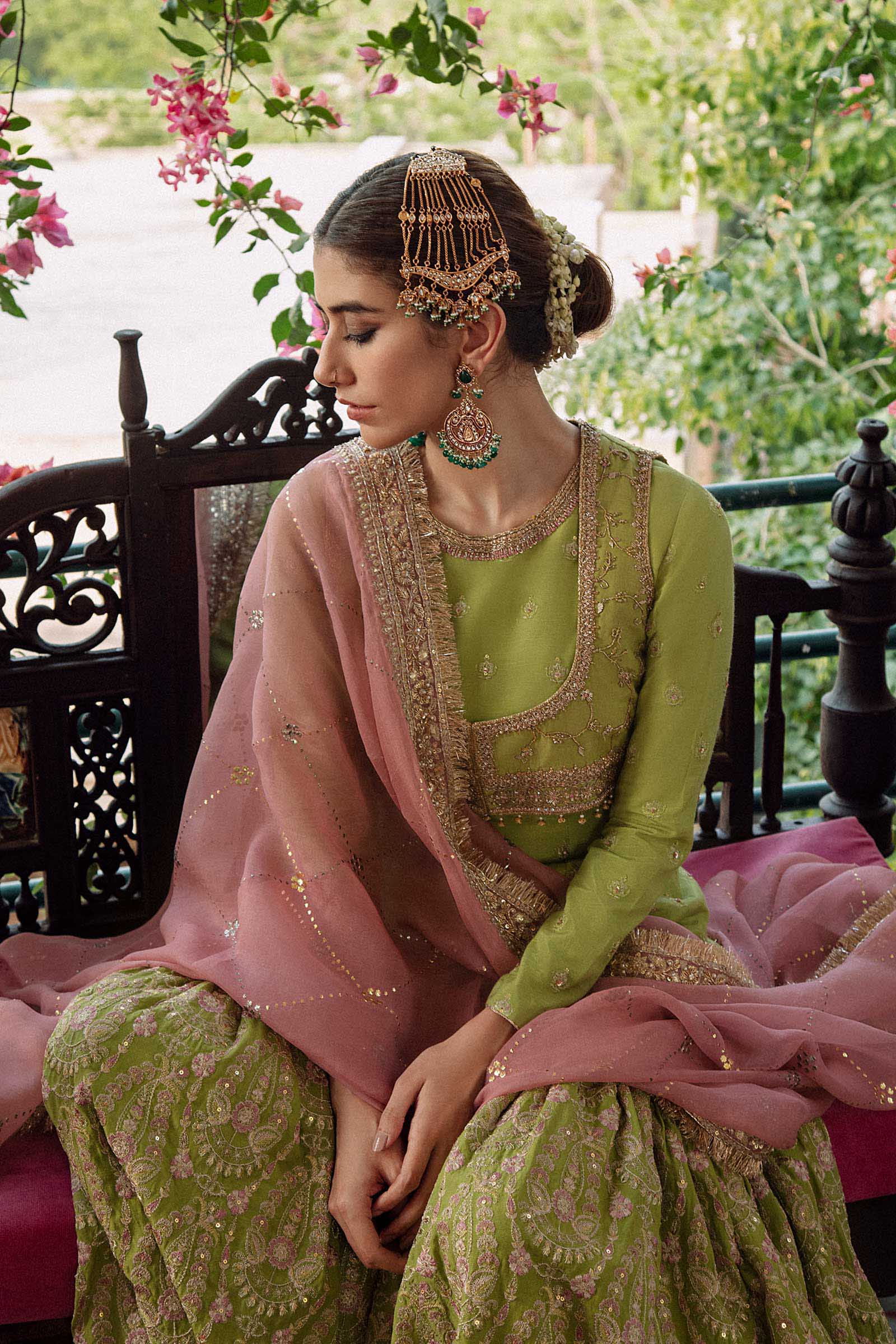 Green Embroidered Raw Silk Gharara Set (3-Piece) - Image 3