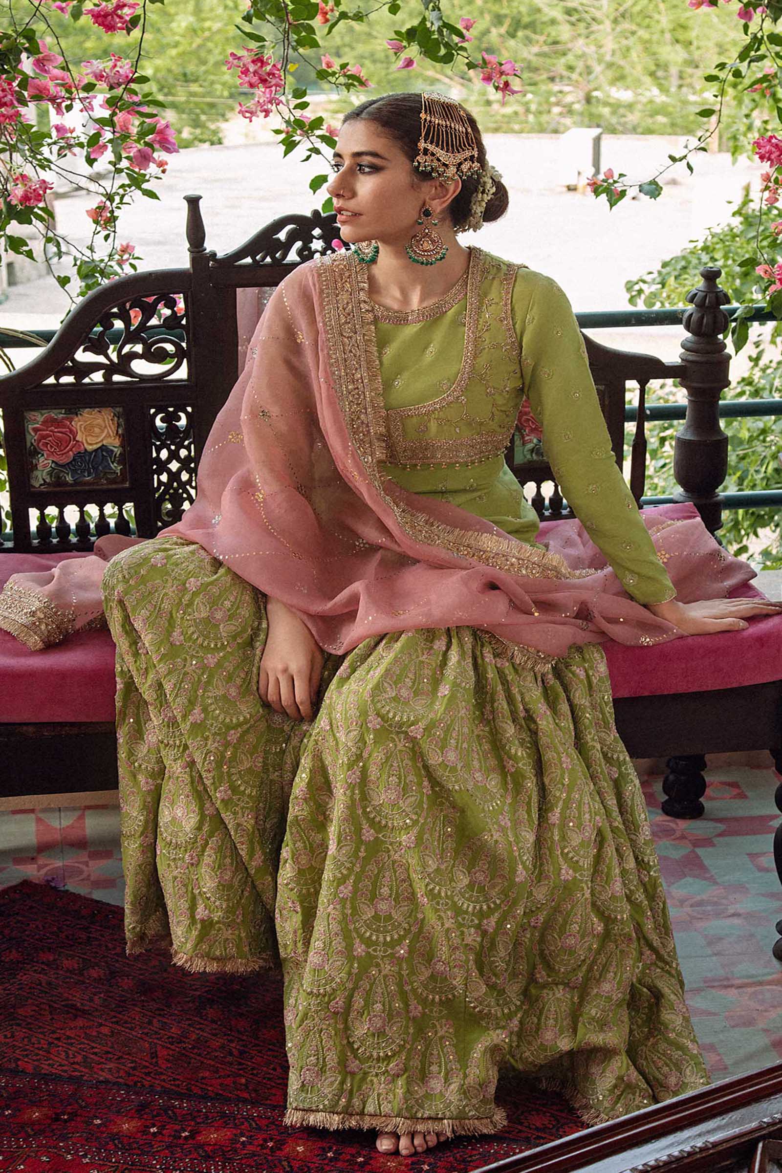 Green Embroidered Raw Silk Gharara Set (3-Piece) - Image 4