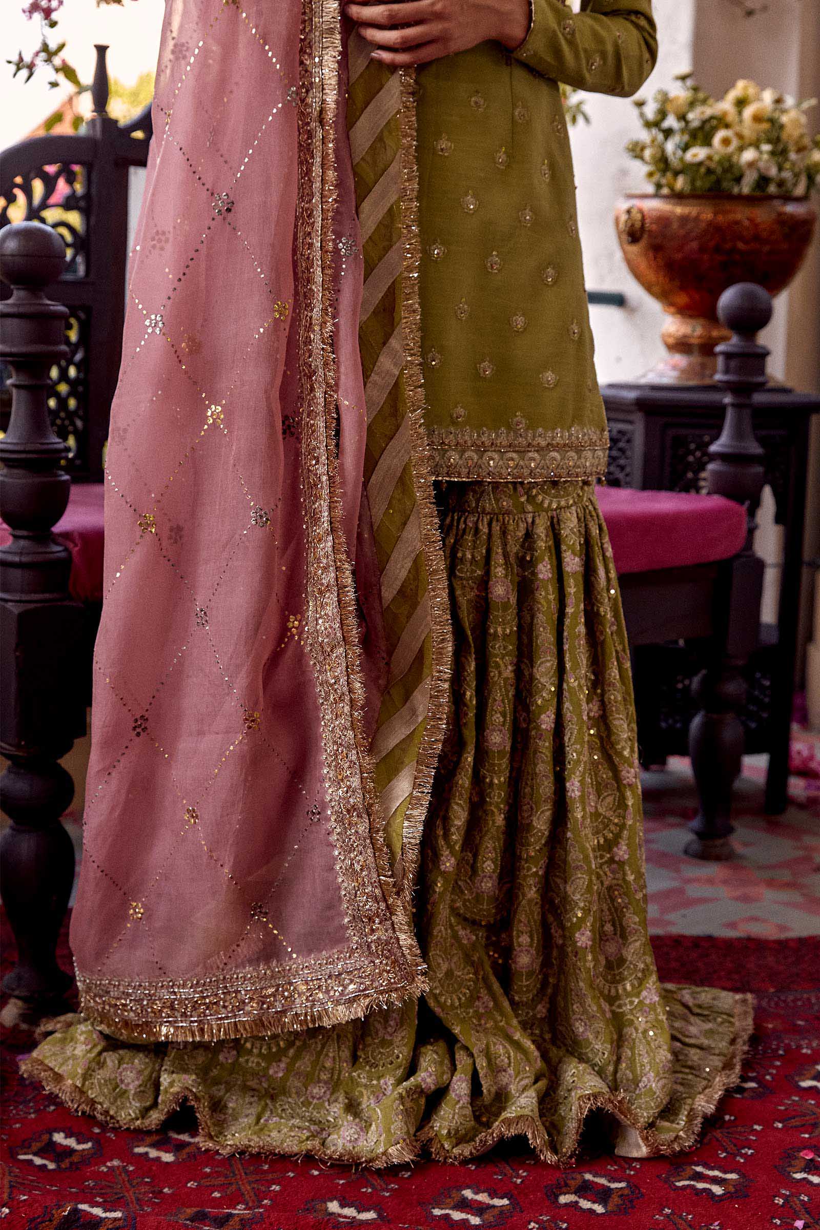 Green Embroidered Raw Silk Gharara Set (3-Piece) - Image 6