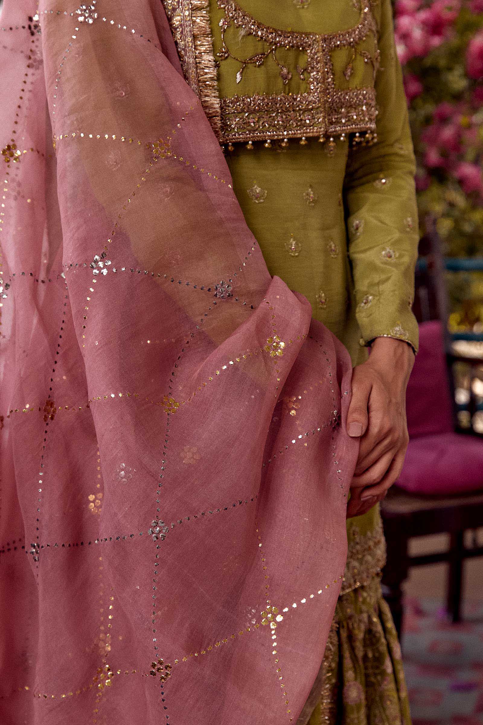 Green Embroidered Raw Silk Gharara Set (3-Piece) - Image 7