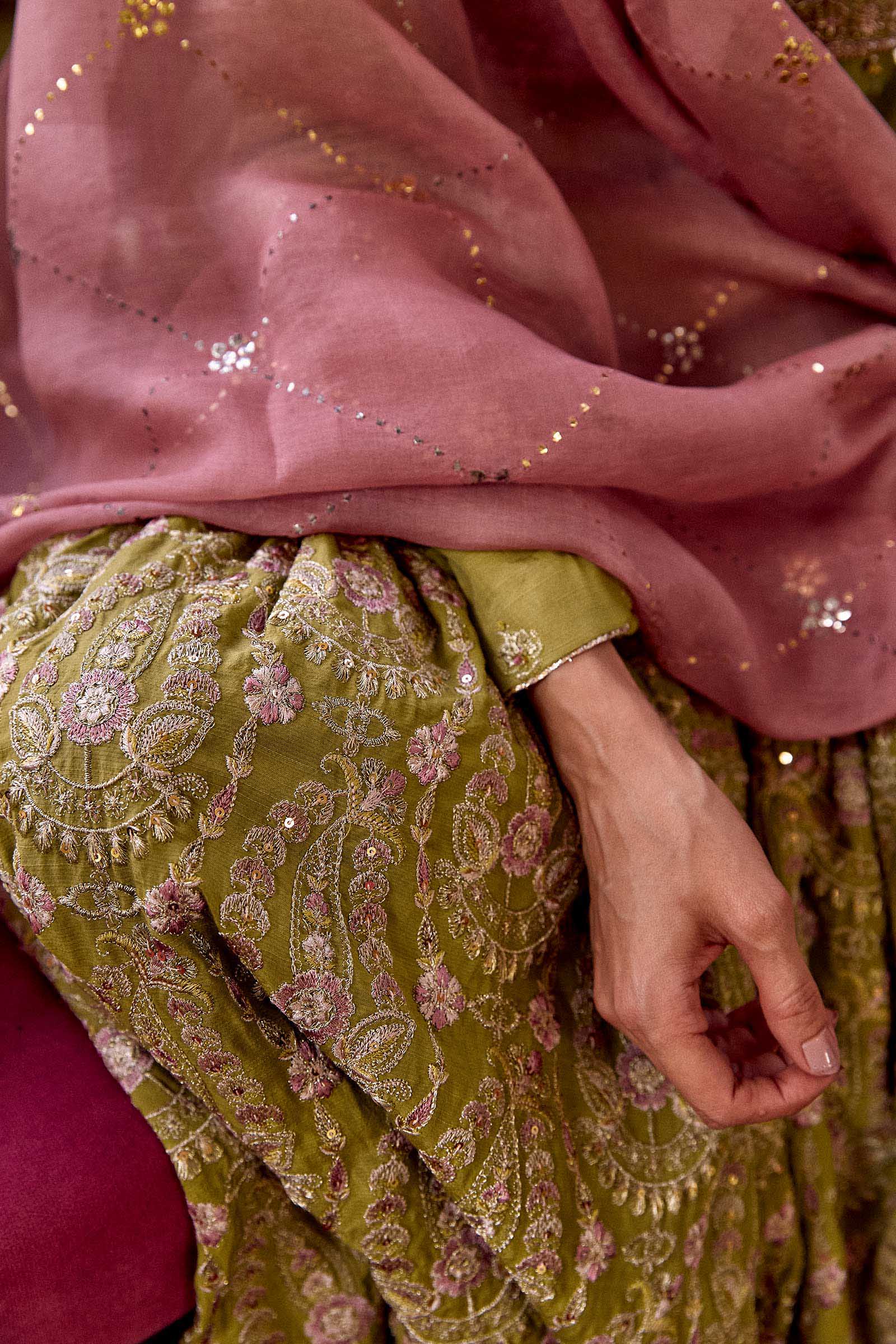 Green Embroidered Raw Silk Gharara Set (3-Piece) - Image 8