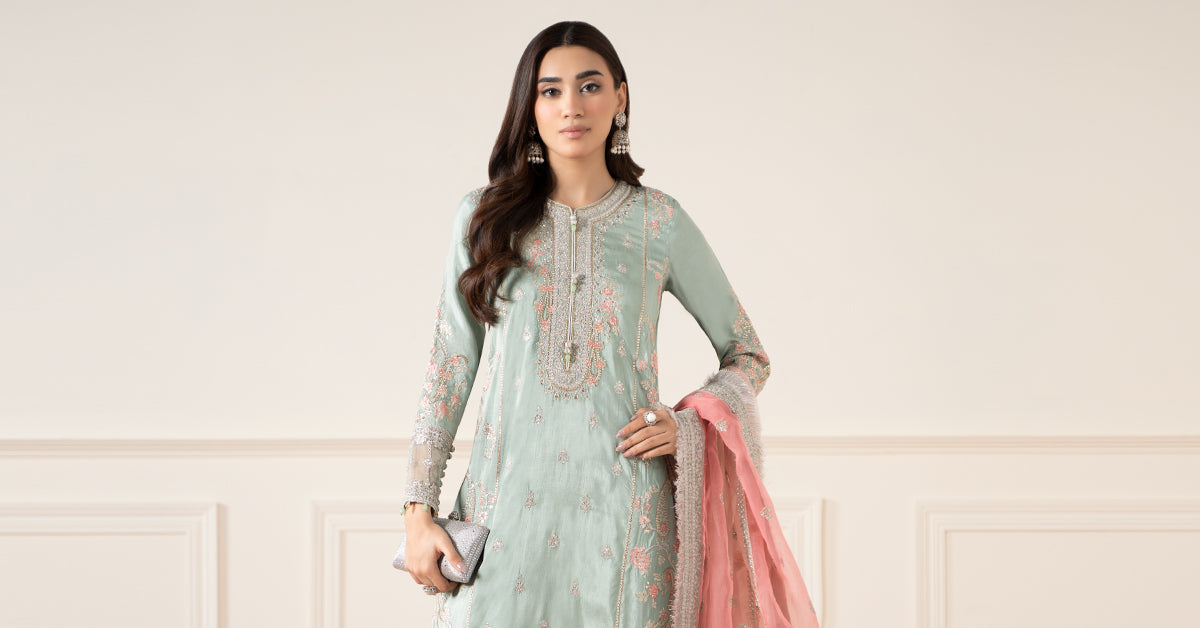 Pakistani Sea Green Embroidered Raw Silk Gharara (3-Piece) - Image 10