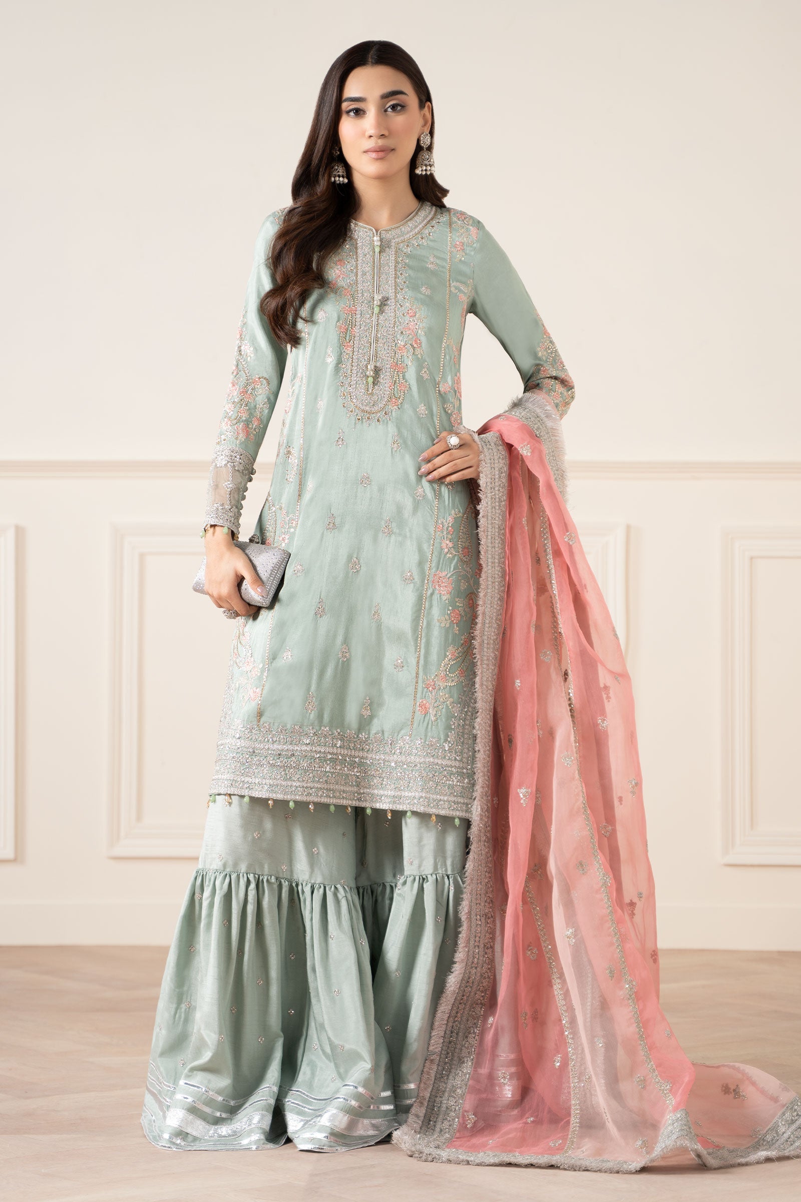 Pakistani Sea Green Embroidered Raw Silk Gharara (3-Piece) - Image 2