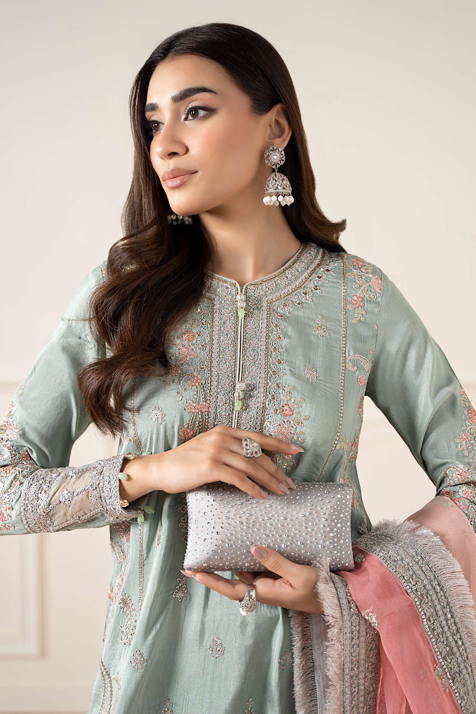 Pakistani Sea Green Embroidered Raw Silk Gharara (3-Piece) - Image 3