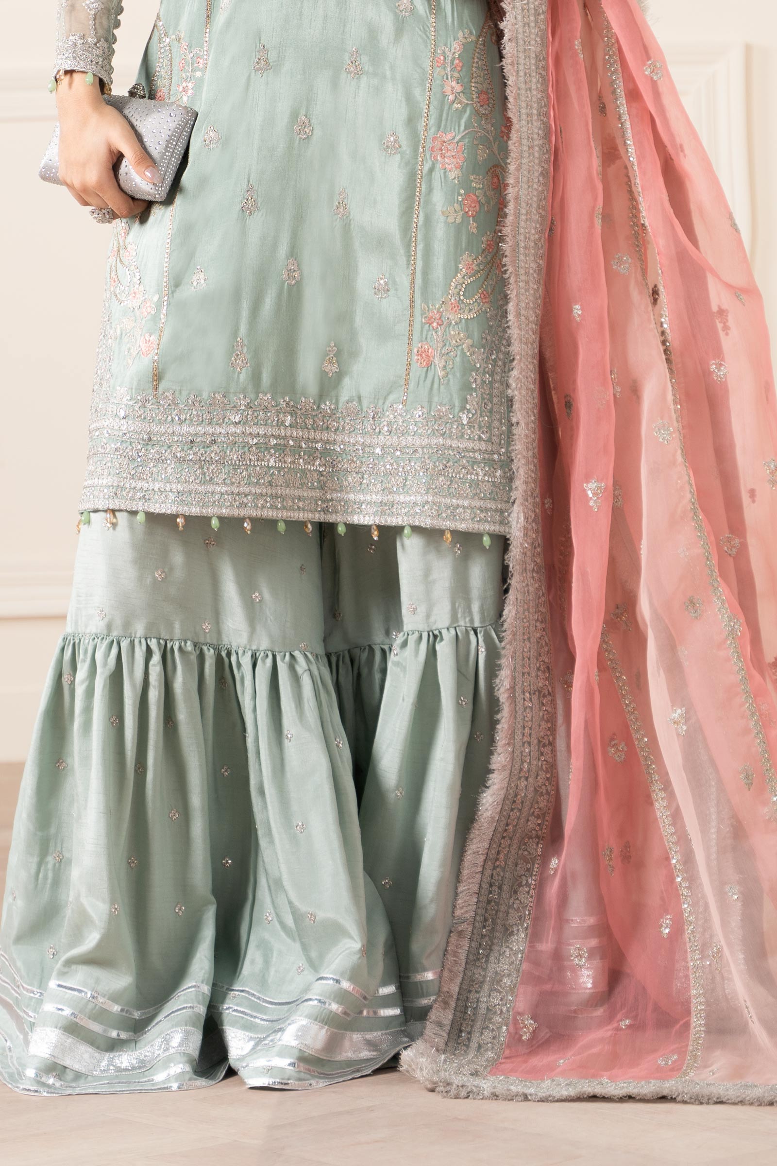 Pakistani Sea Green Embroidered Raw Silk Gharara (3-Piece) - Image 7