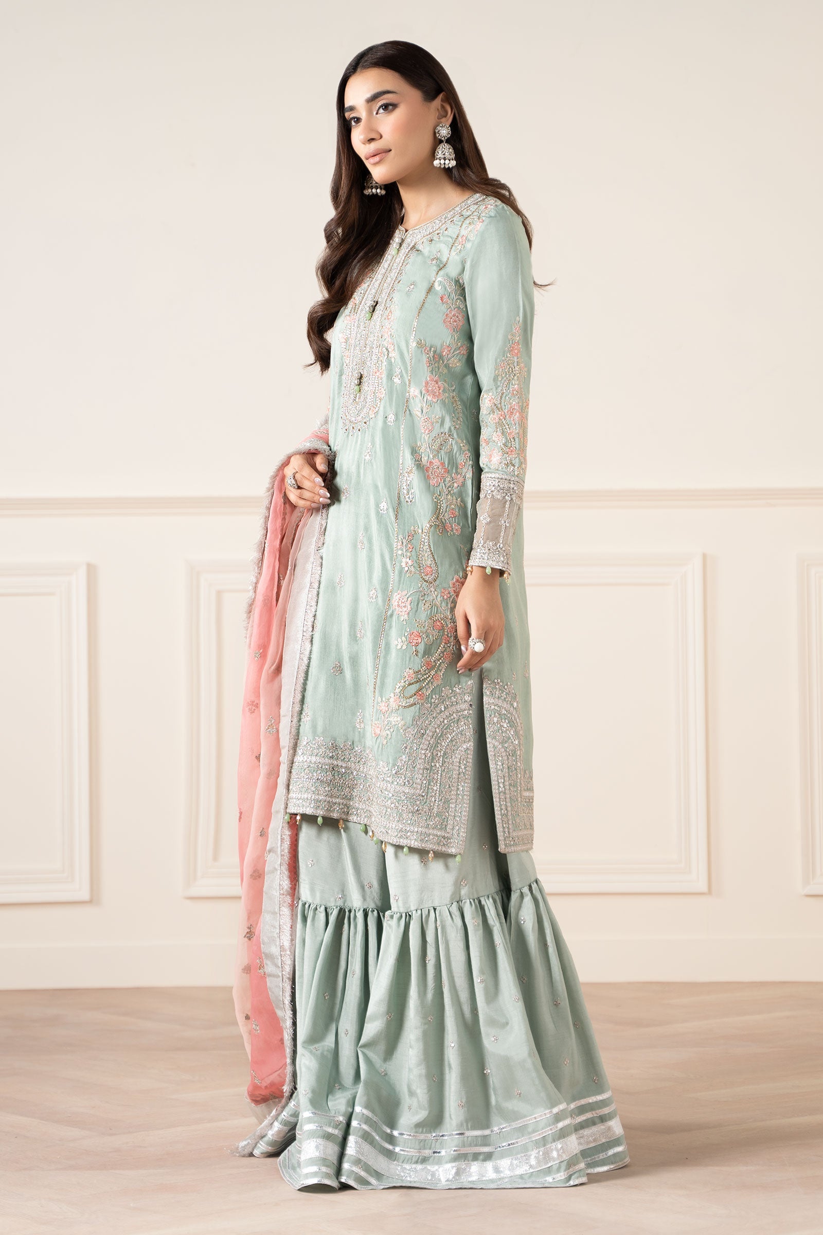 Pakistani Sea Green Embroidered Raw Silk Gharara (3-Piece) - Image 8