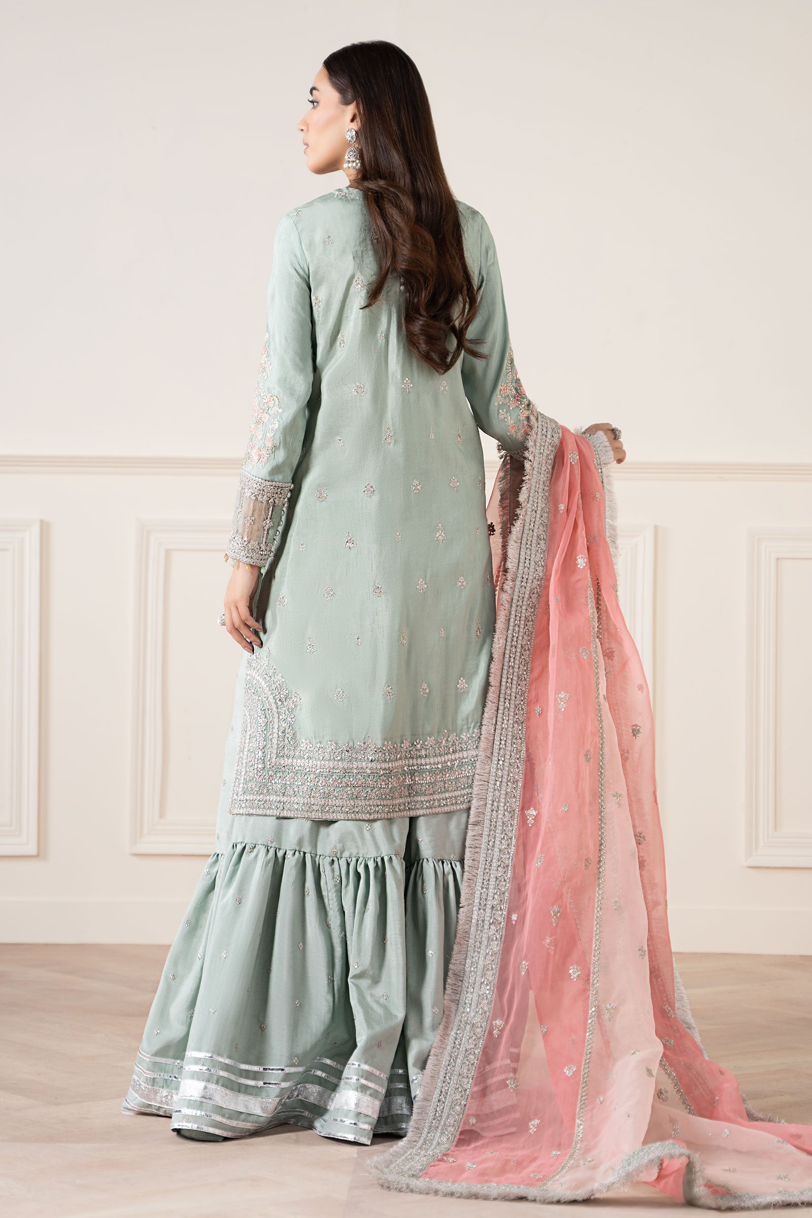 Pakistani Sea Green Embroidered Raw Silk Gharara (3-Piece) - Image 9