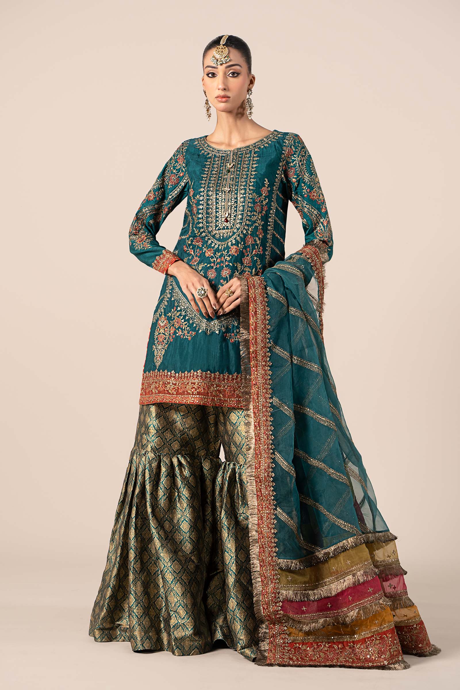 Green Embroidered Raw Silk Shirt with Jamawar Gharara (3-Piece) - Image 1