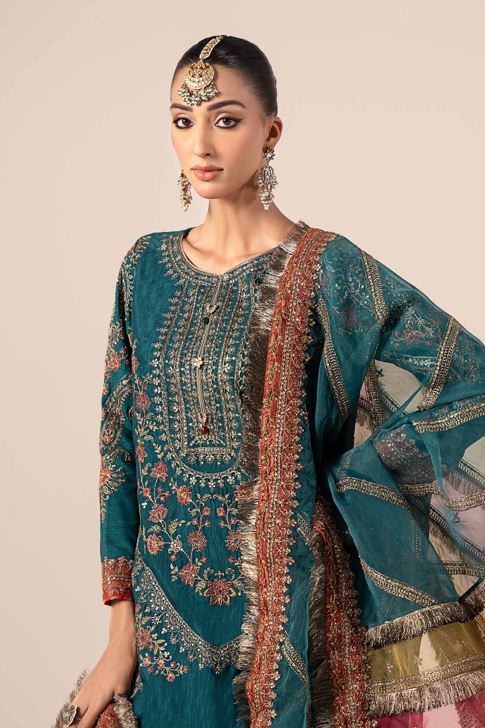 Green Embroidered Raw Silk Shirt with Jamawar Gharara (3-Piece) - Image 3